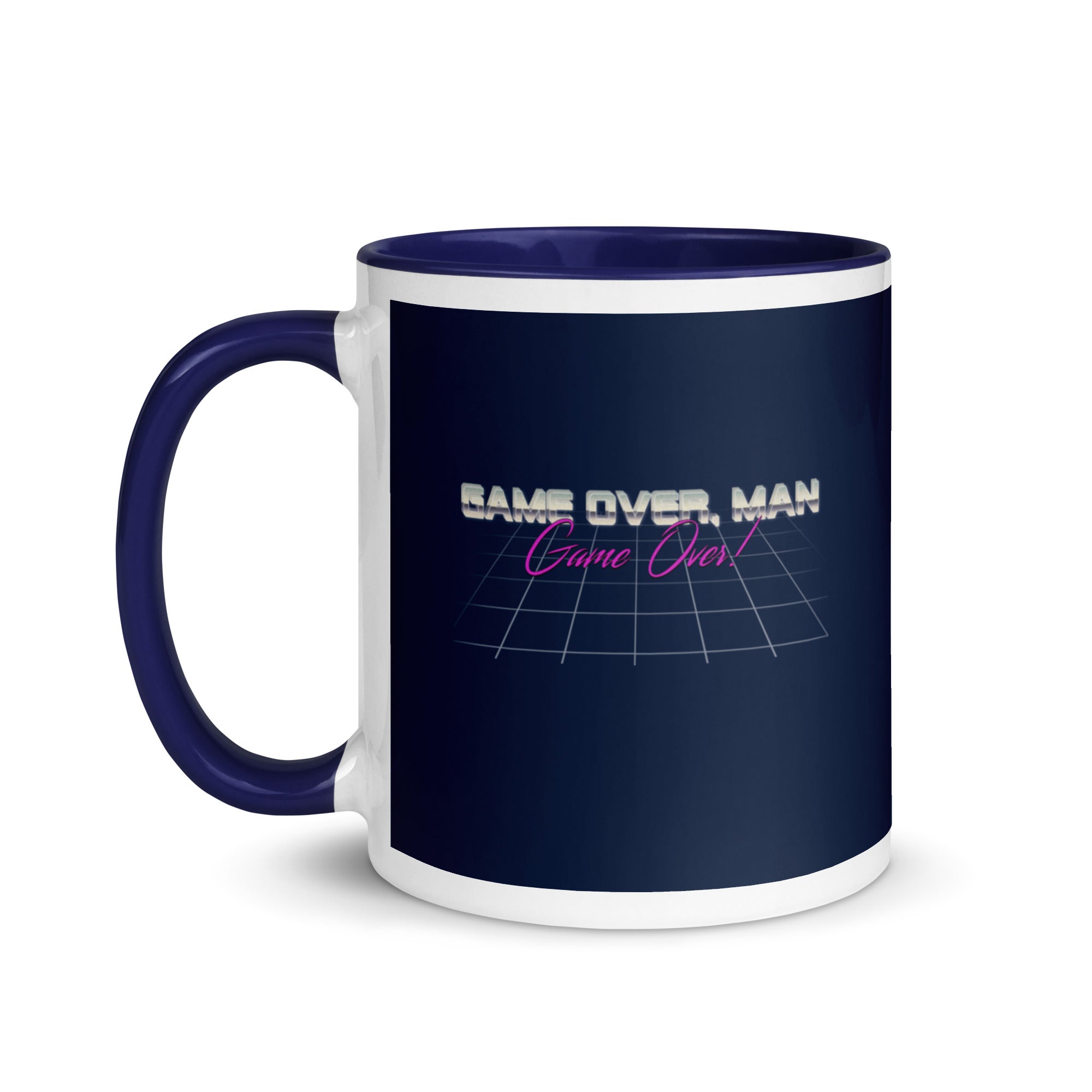 a blue and white coffee mug with the words calm over man on it