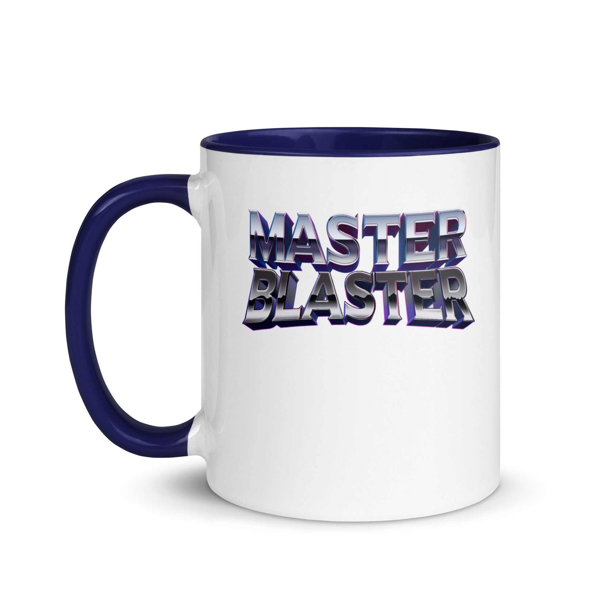 a white and blue coffee mug with the words master blaster on it