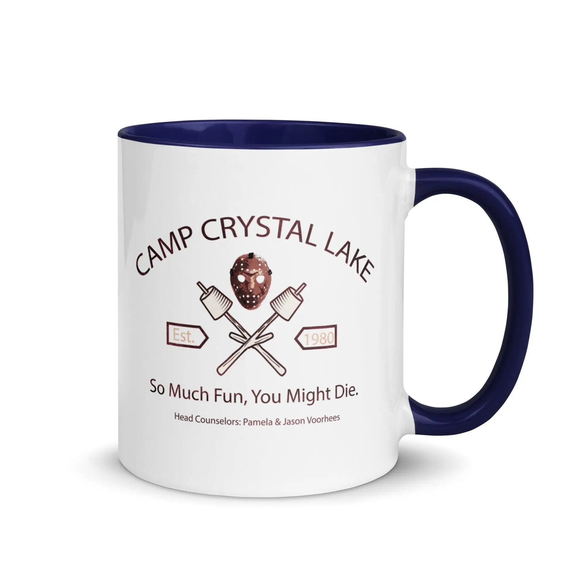 a coffee mug with a camp crystal lake logo on it