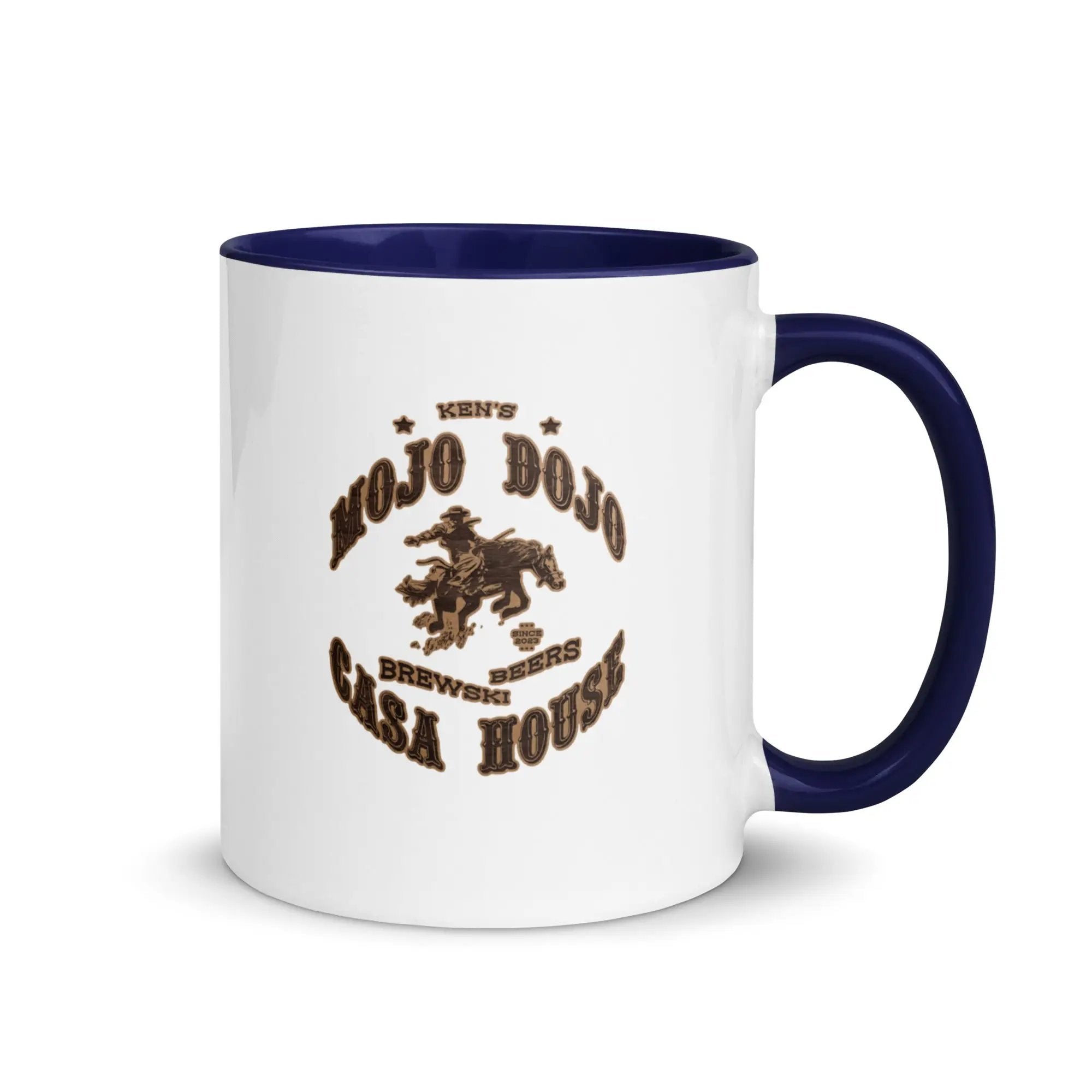 a white and blue coffee mug with a horse on it