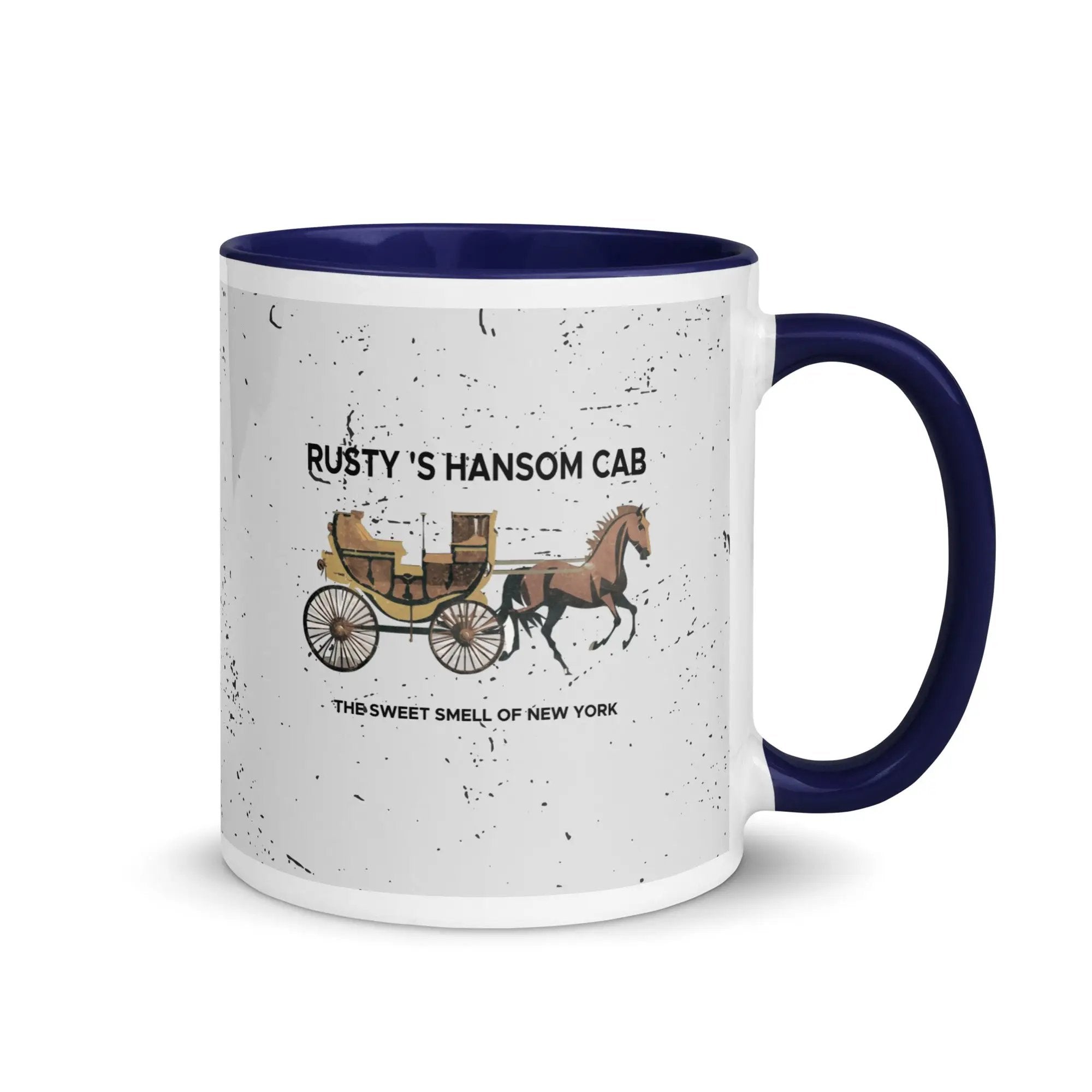 a coffee mug with a horse drawn carriage