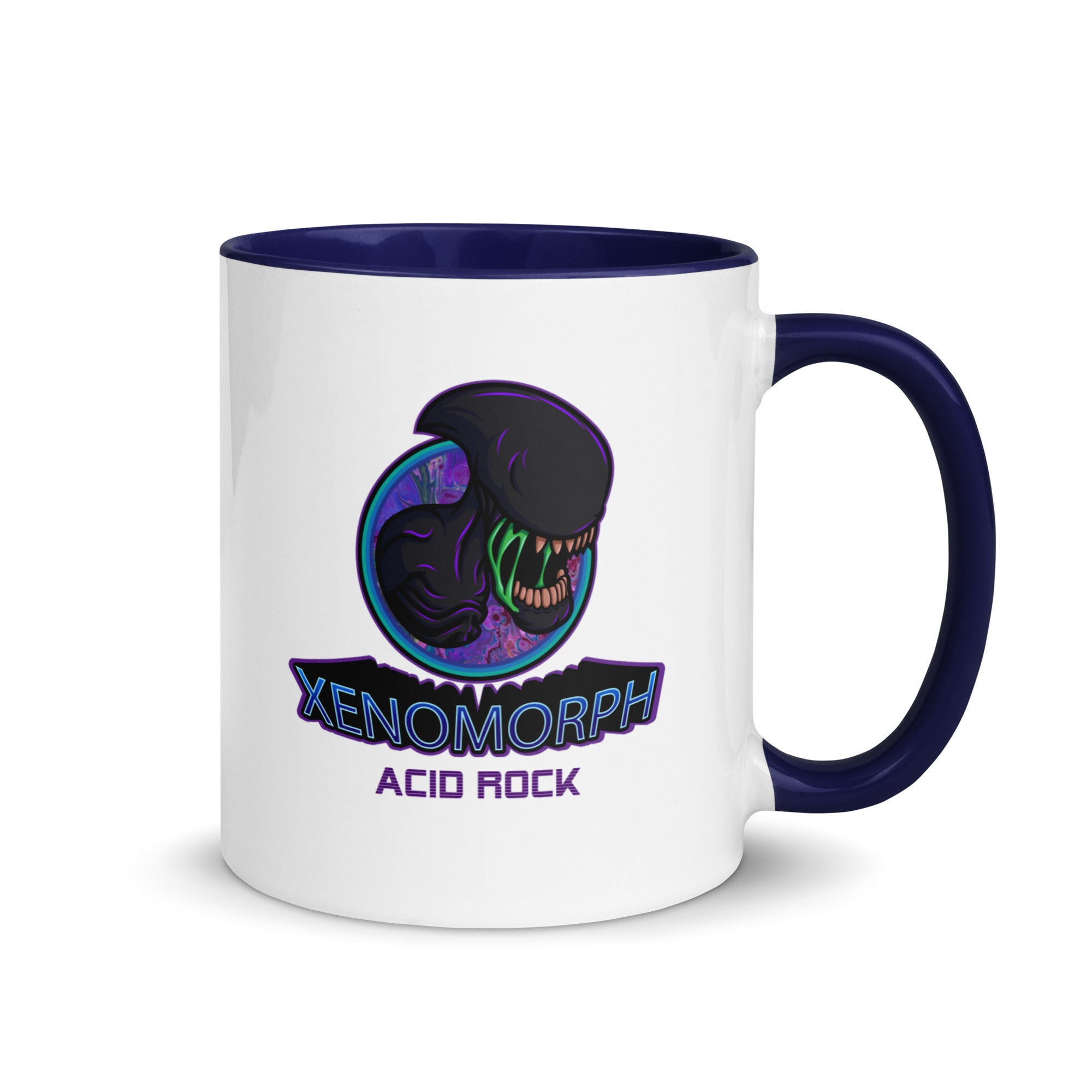 a white and blue coffee mug with an image of a dinosaur