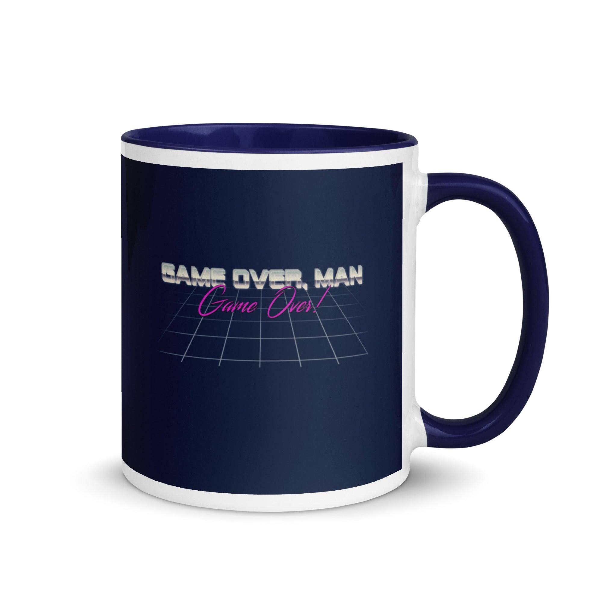 a blue and white coffee mug with the words game over man on it