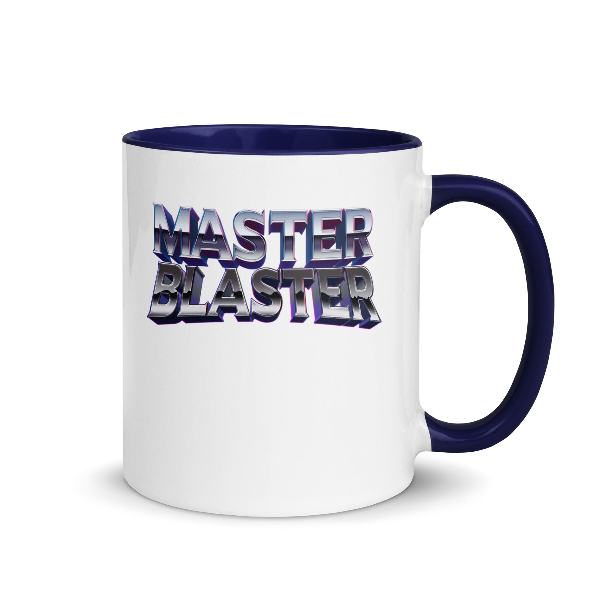 a white and blue coffee mug with the words master blaster on it
