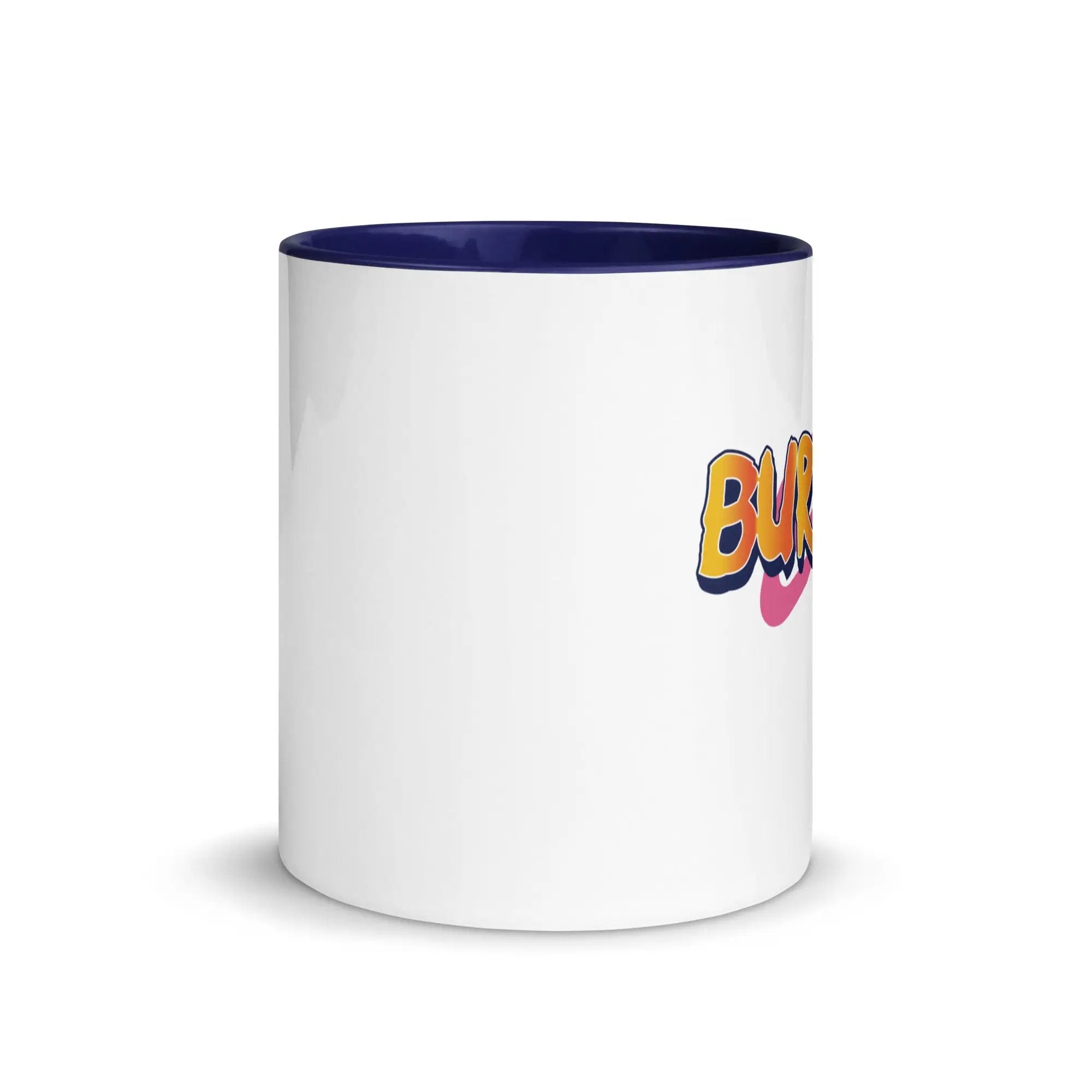 a white and blue mug with the word bla on it