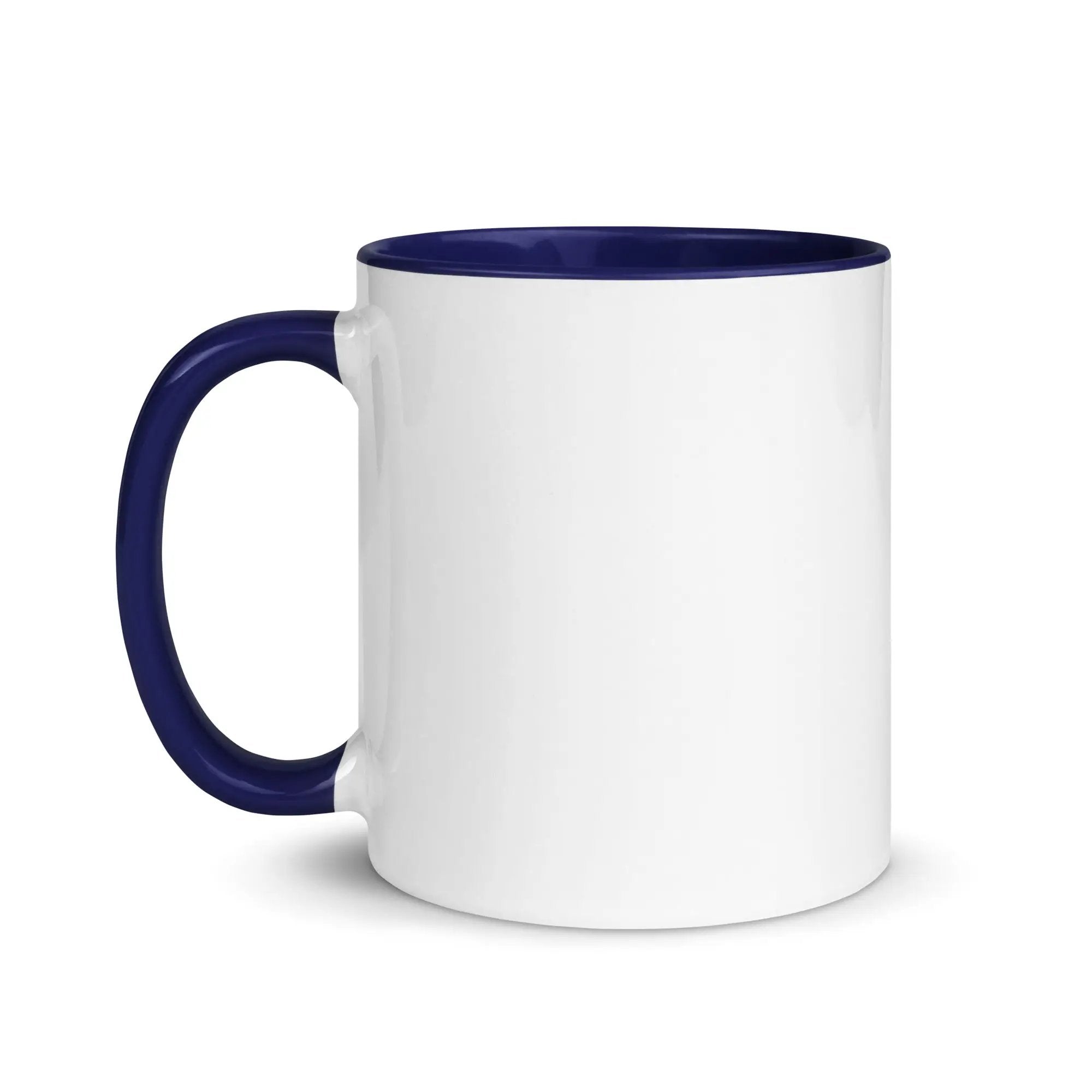 a white and blue coffee mug on a white background
