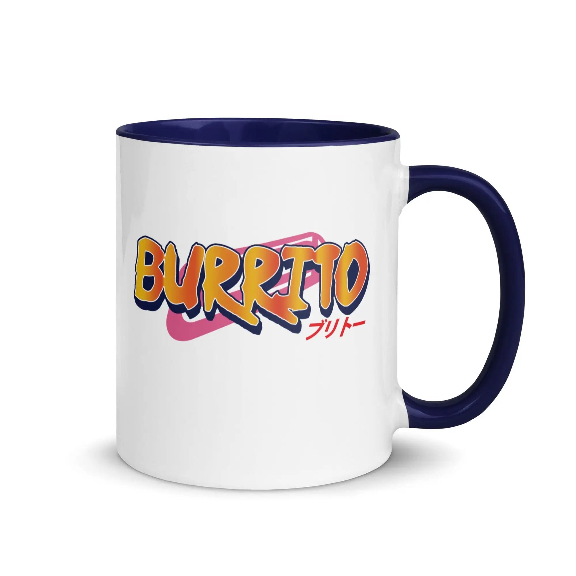 a white and blue coffee mug with the word burrito on it