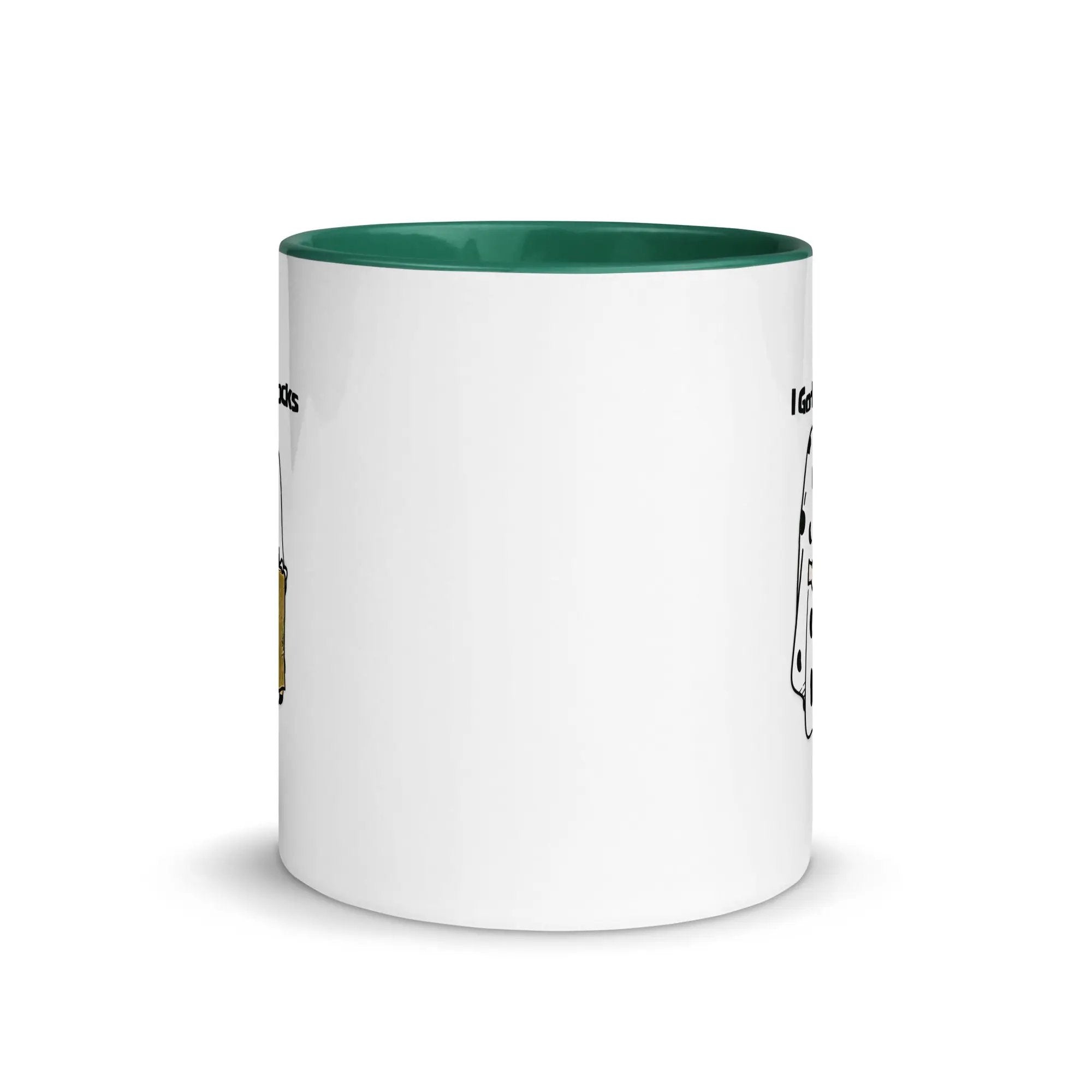 a white and green coffee mug with words on it