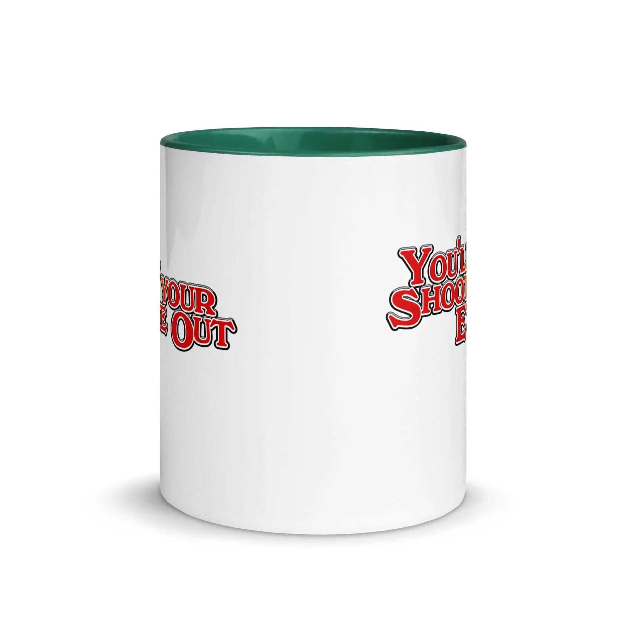 a white and green coffee mug with the words your shot on it