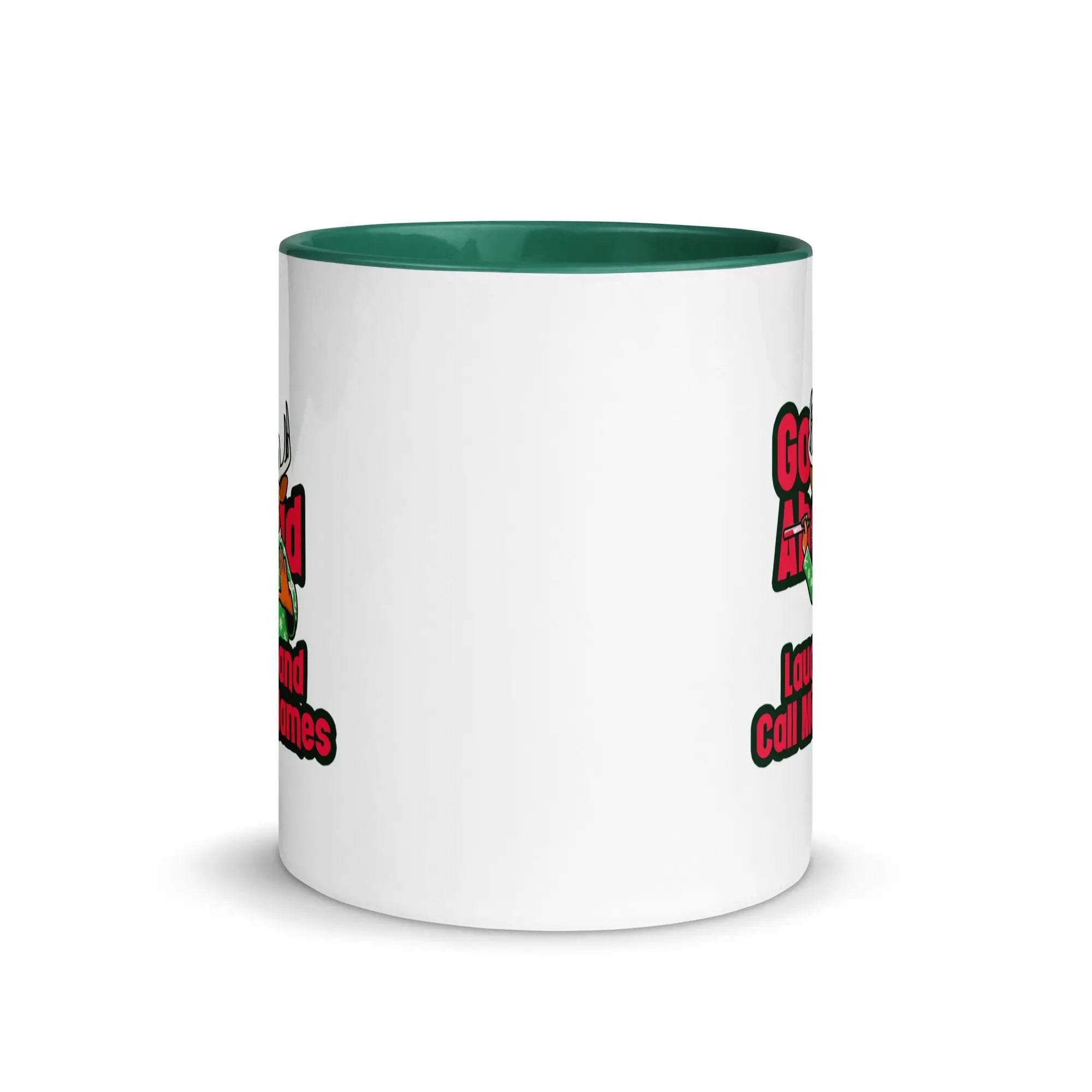 a white and green coffee mug with a green rim