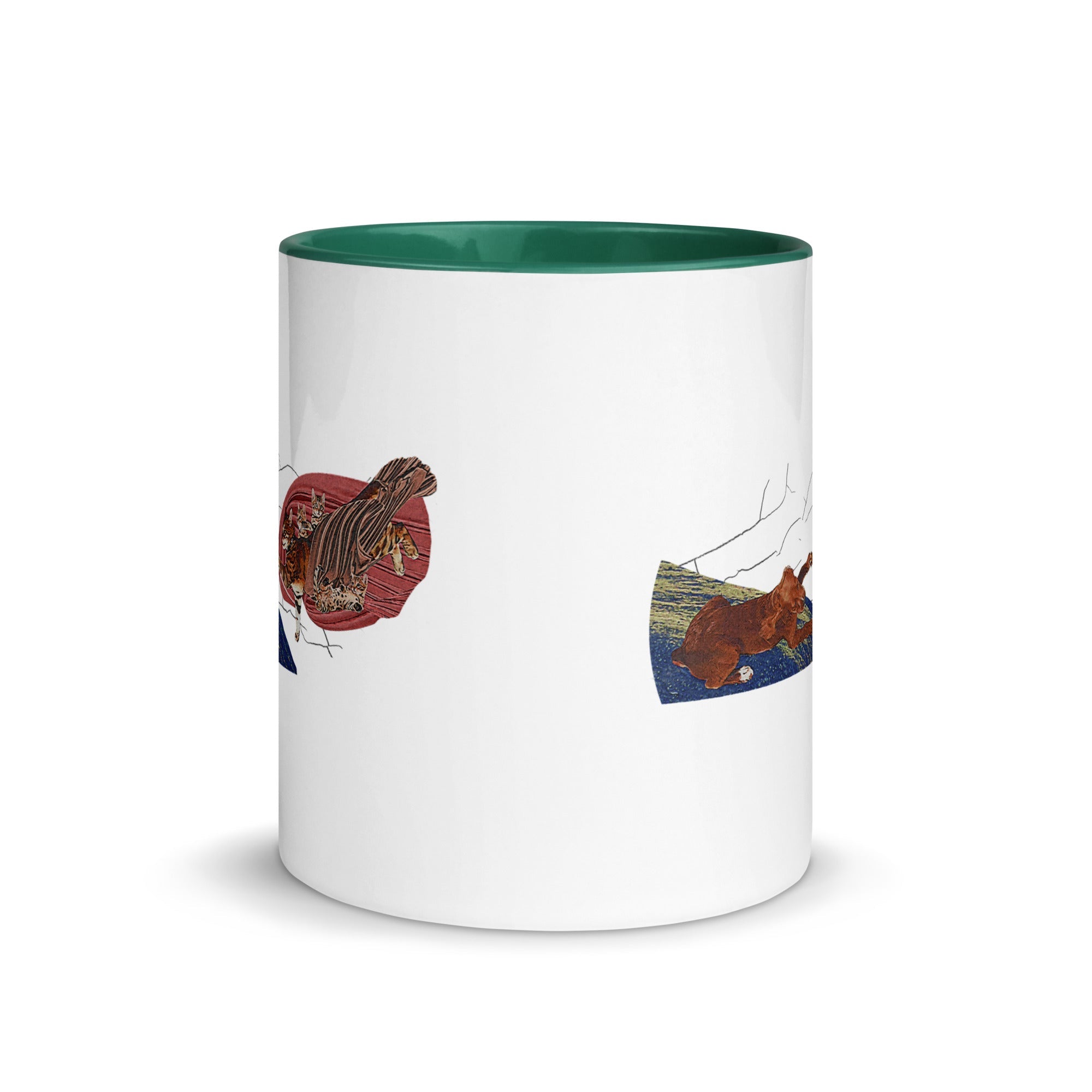 a white and green coffee mug with a picture of a horse