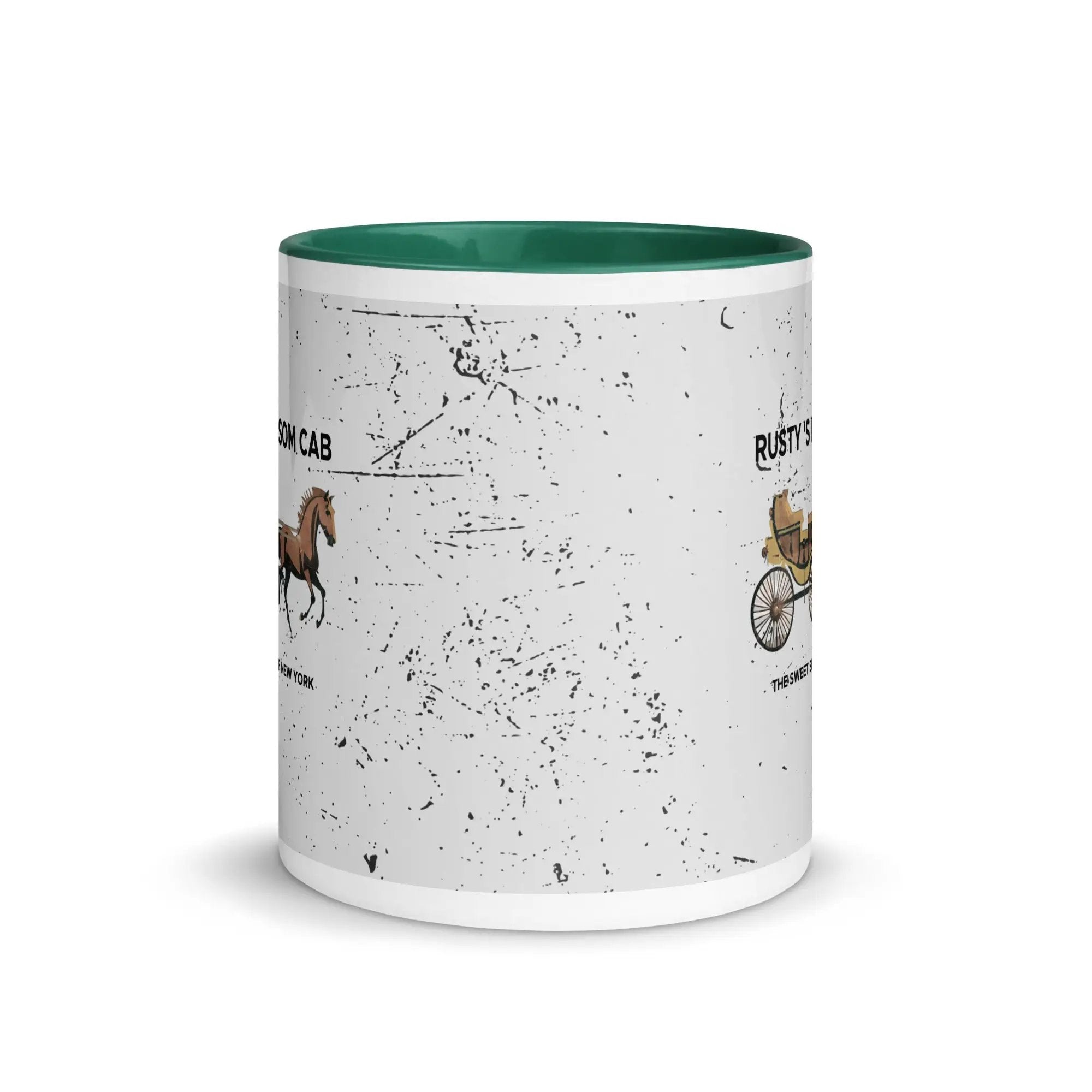 a white and green coffee mug with a picture of a horse