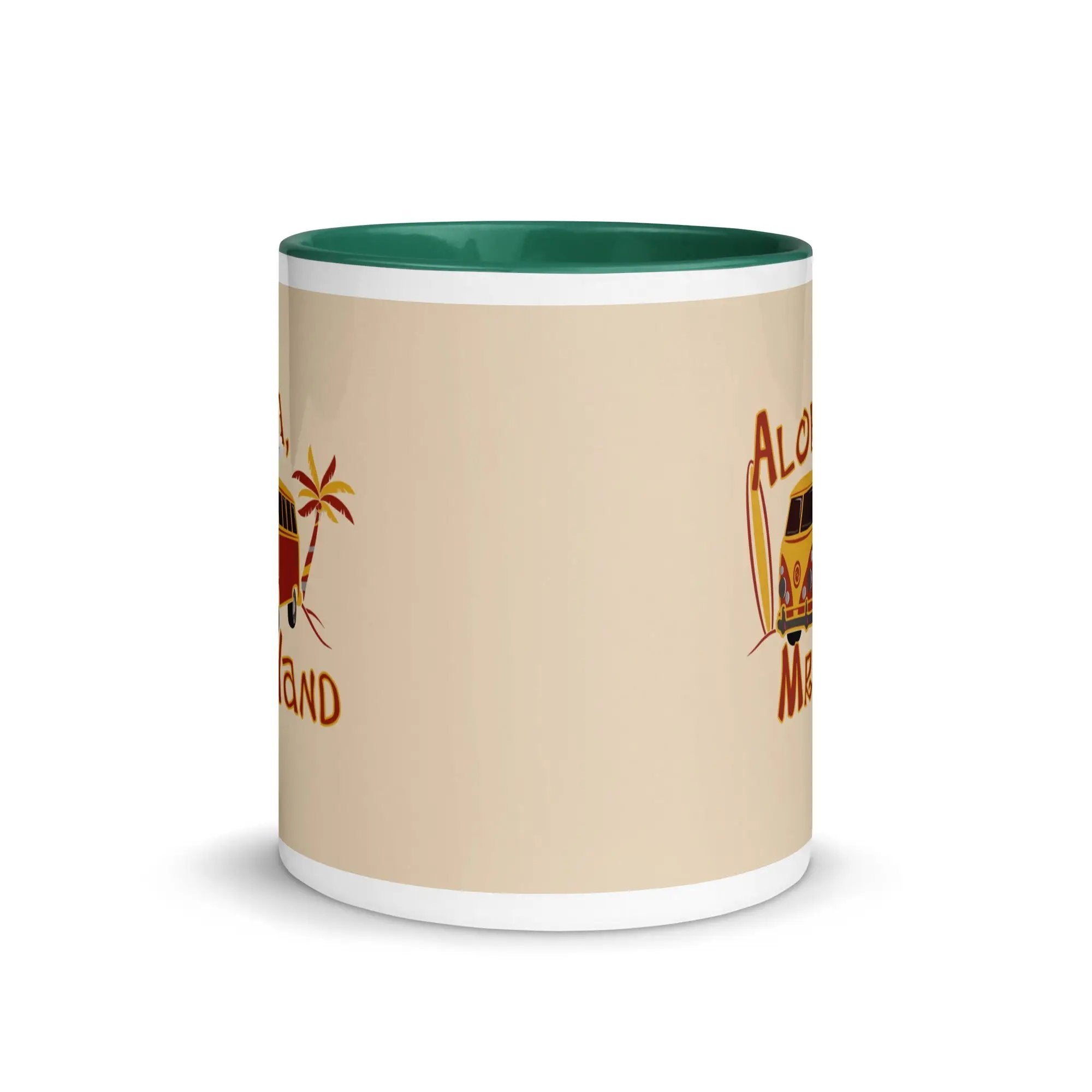 a white and green coffee mug with a picture of a surfboard