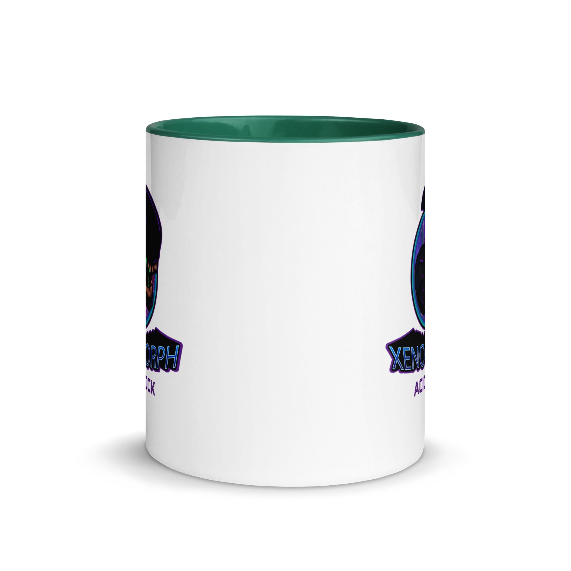 a white coffee mug with a green rim