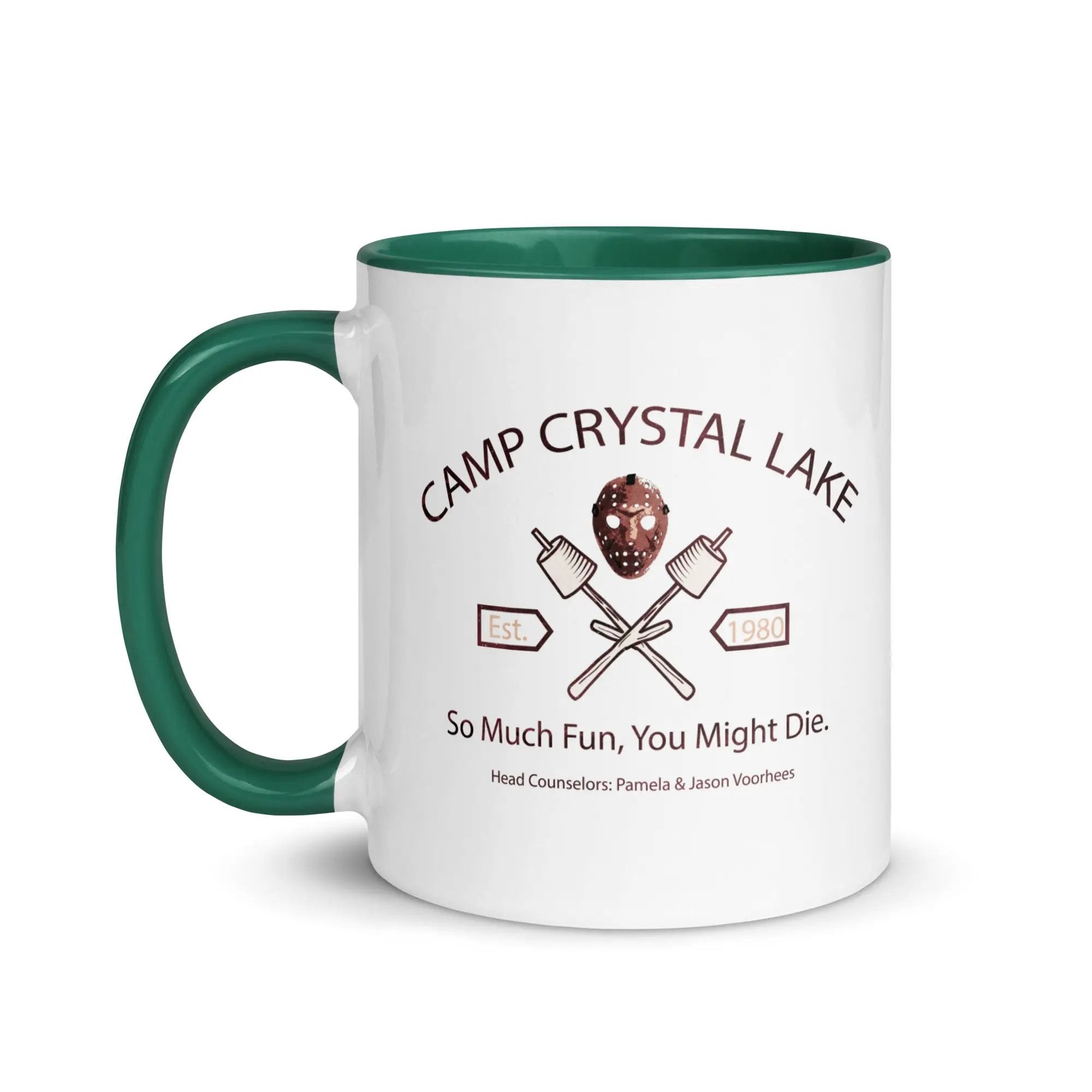 a green and white camp crystal lake mug