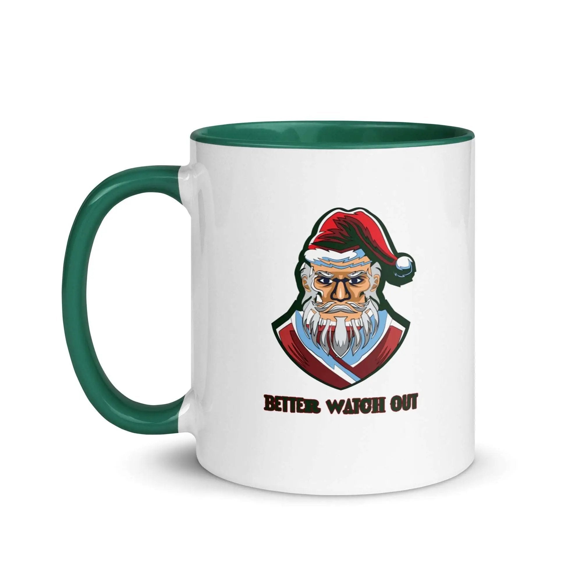 a white and green coffee mug with a santa clause on it