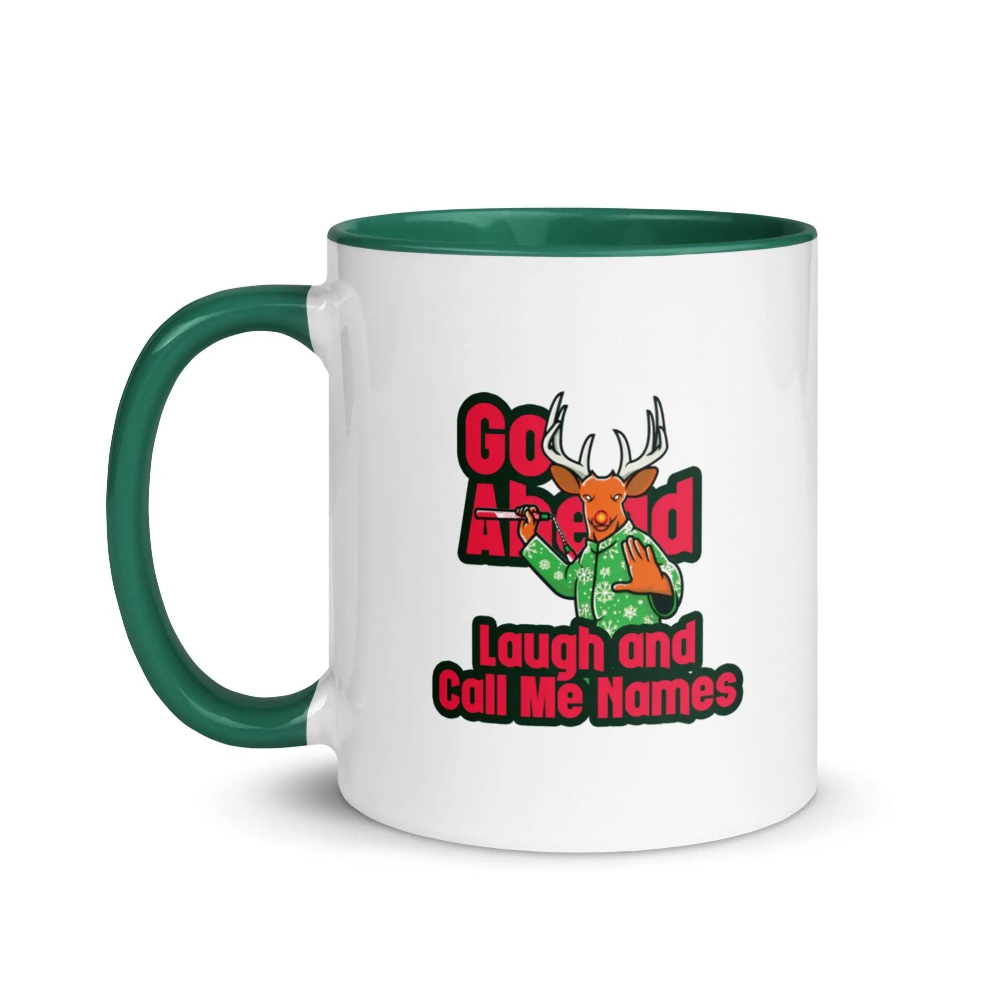 a green and white coffee mug with a deer on it