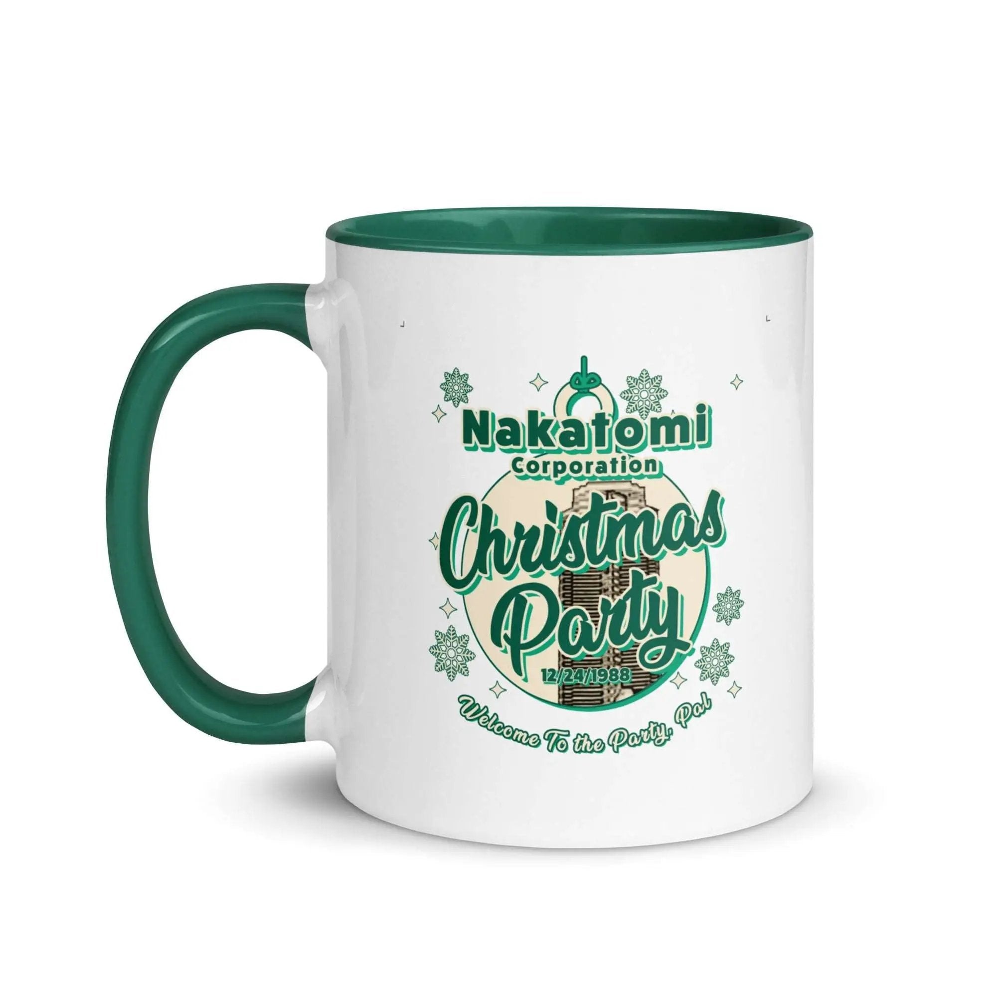 a white and green coffee mug with a christmas party on it