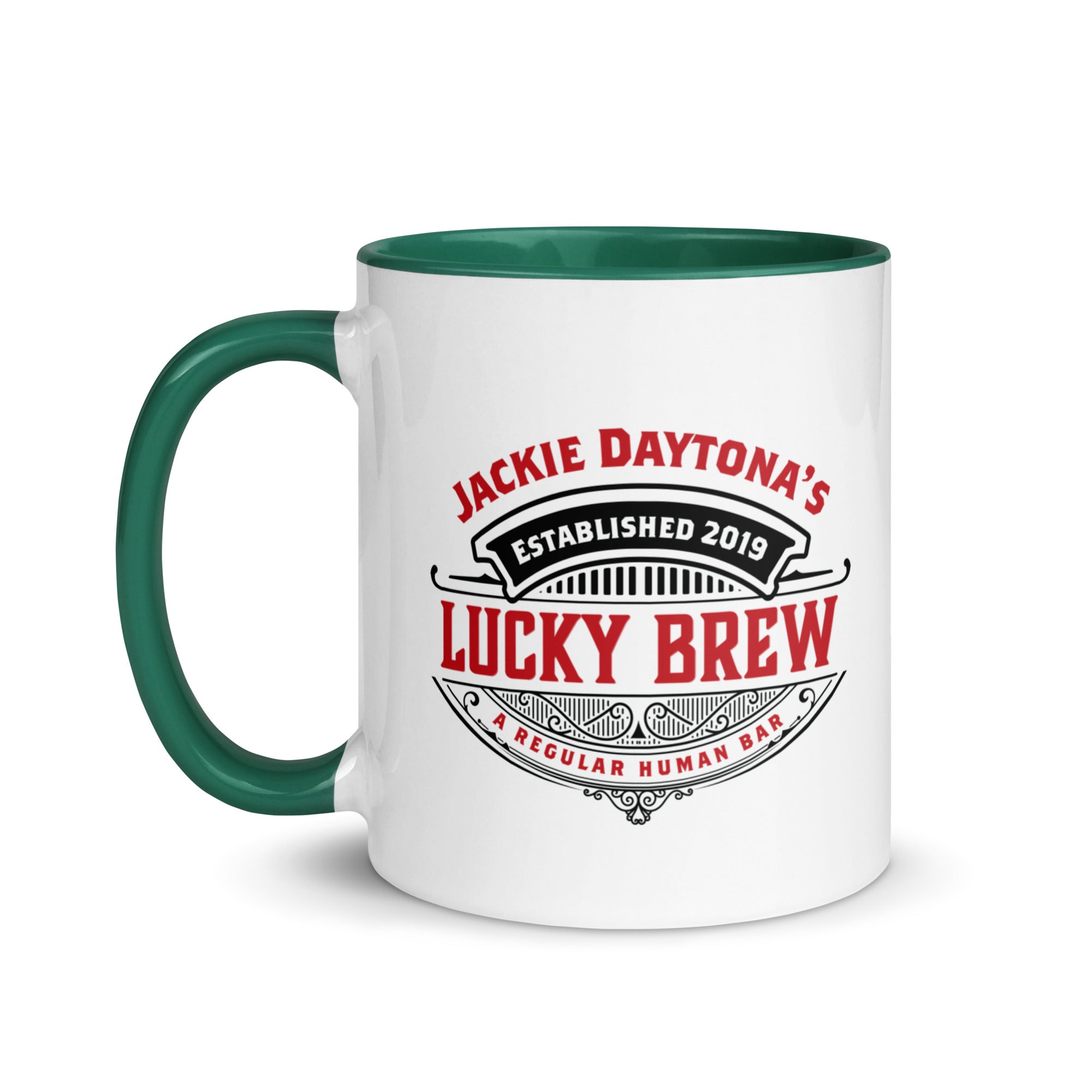a white and green coffee mug with the words lucky brew on it