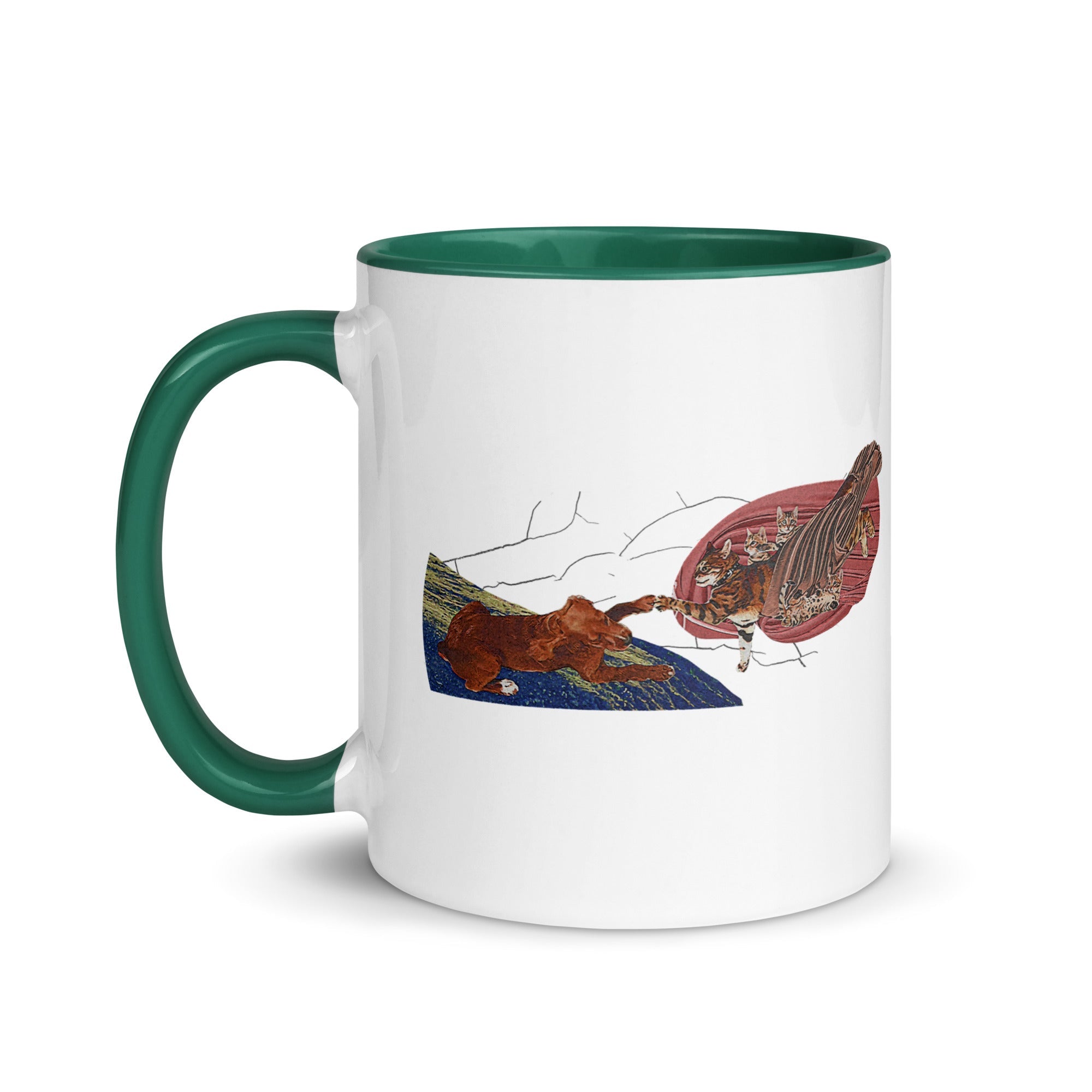 a white and green coffee mug with a picture of a butterfly on it