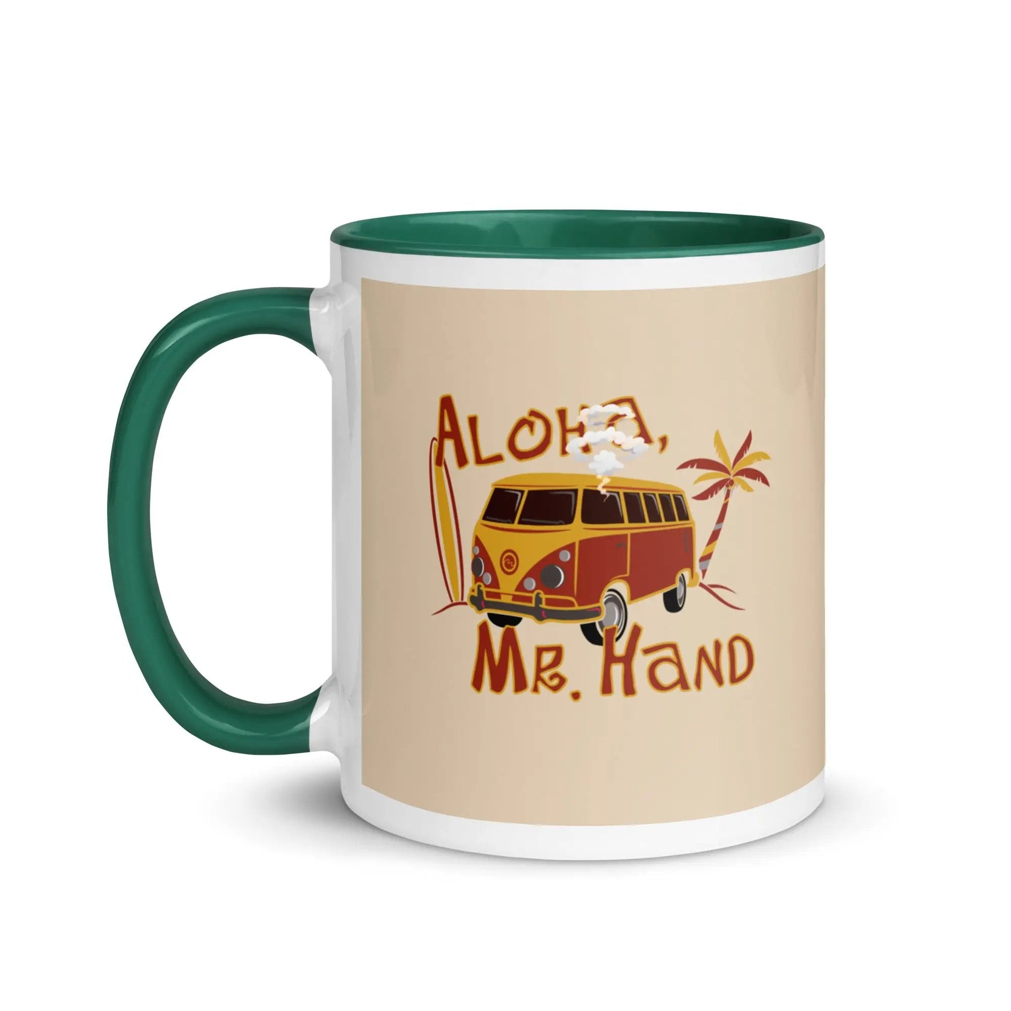a coffee mug with the words aloha, mr hand on it
