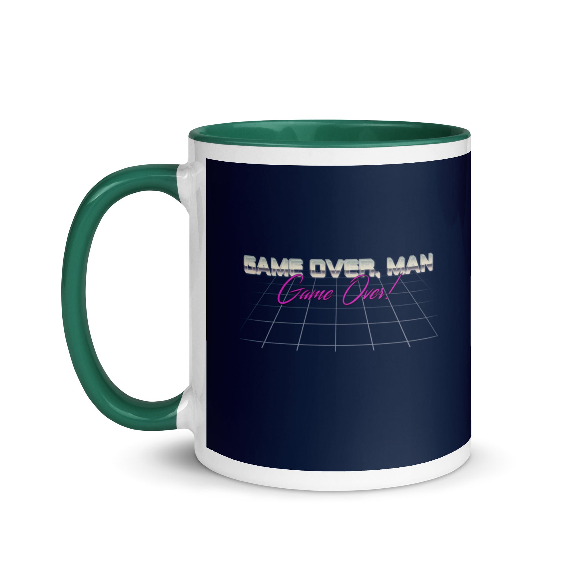 a green and white coffee mug with the words calm over man on it
