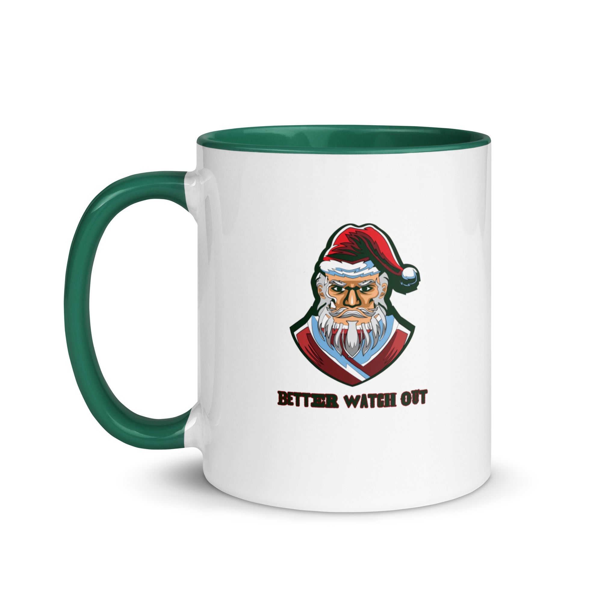 a white and green coffee mug with a santa clause on it