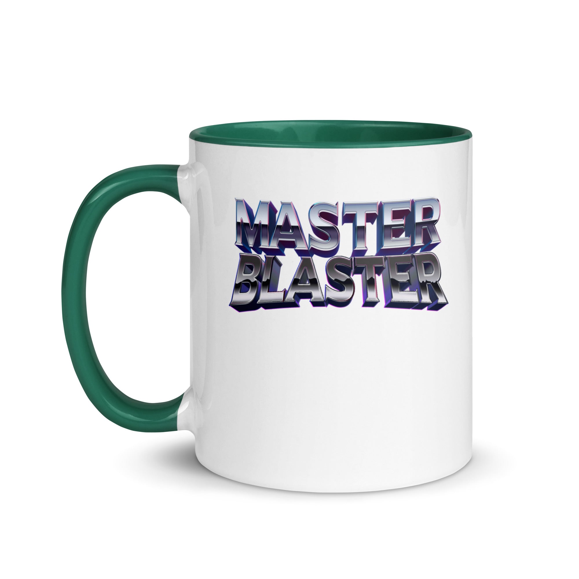 a white and green coffee mug with the words master blaster on it