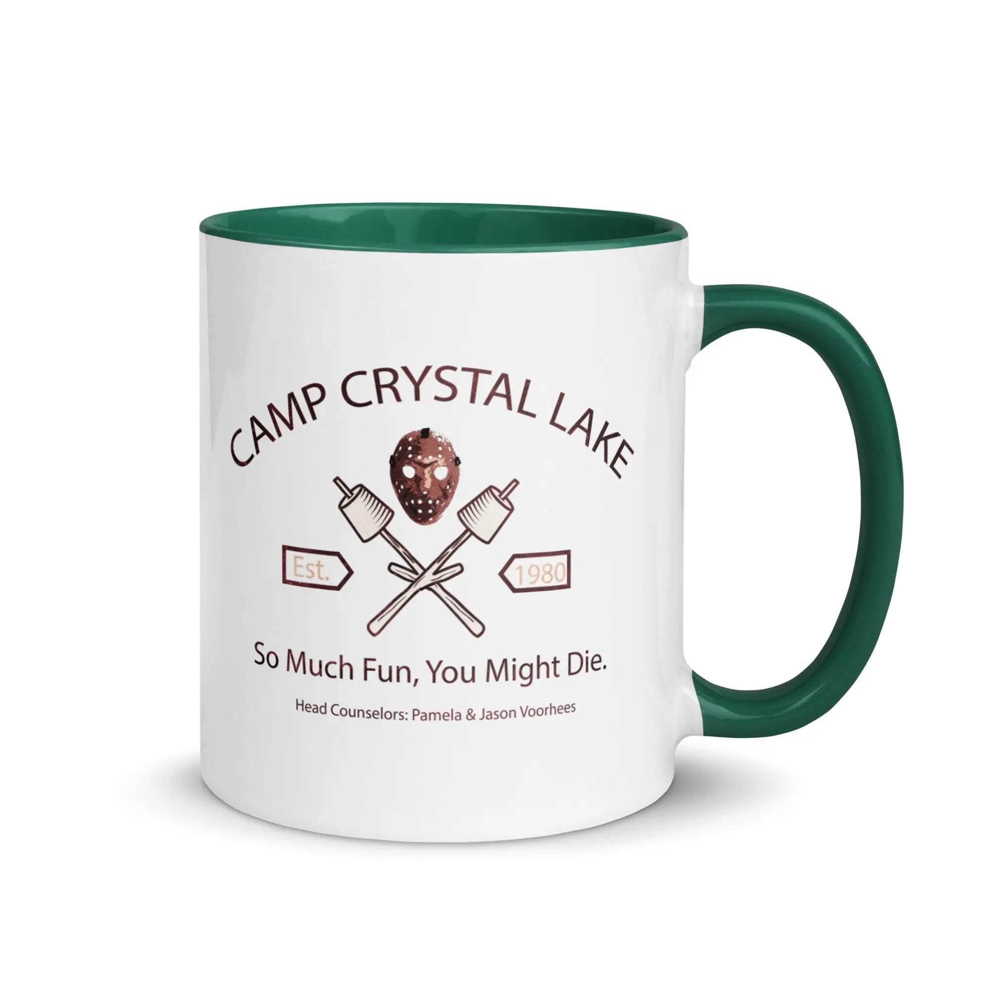 a green and white camp crystal lake mug