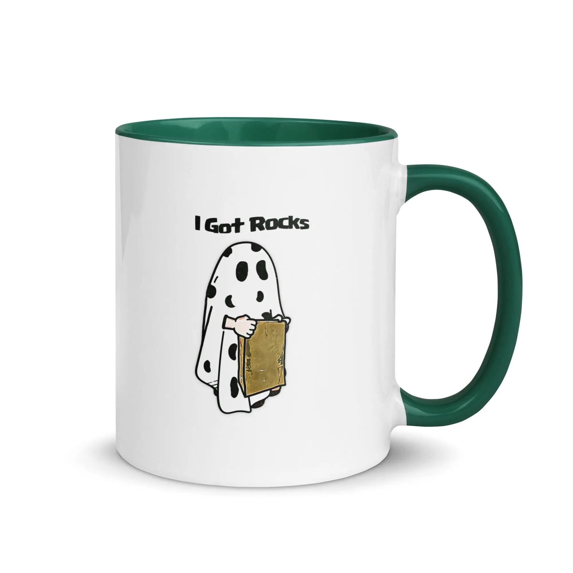 a white and green coffee mug with a dalmatian holding a box