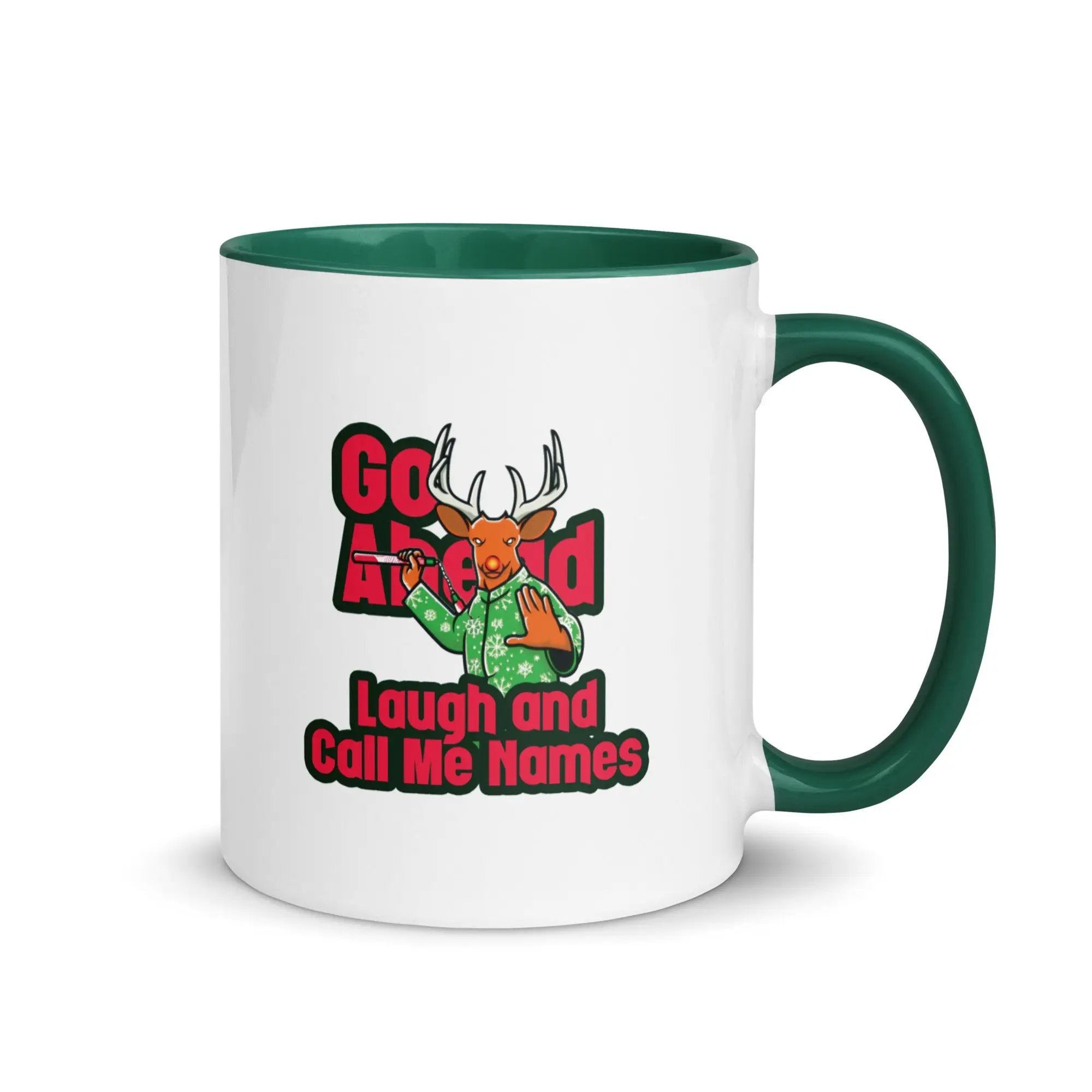 a white and green coffee mug with a deer on it
