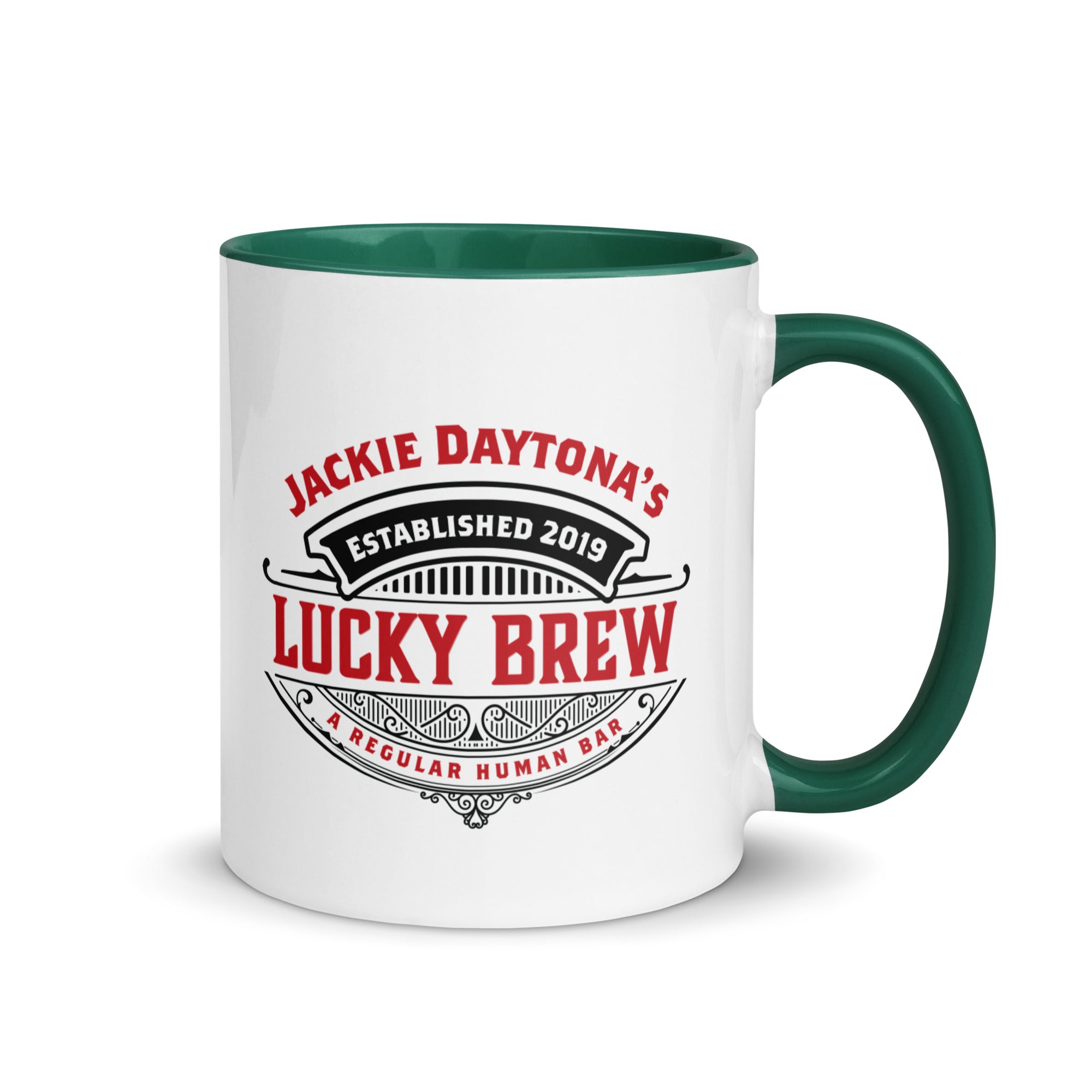 a white and green coffee mug with the words lucky brew on it