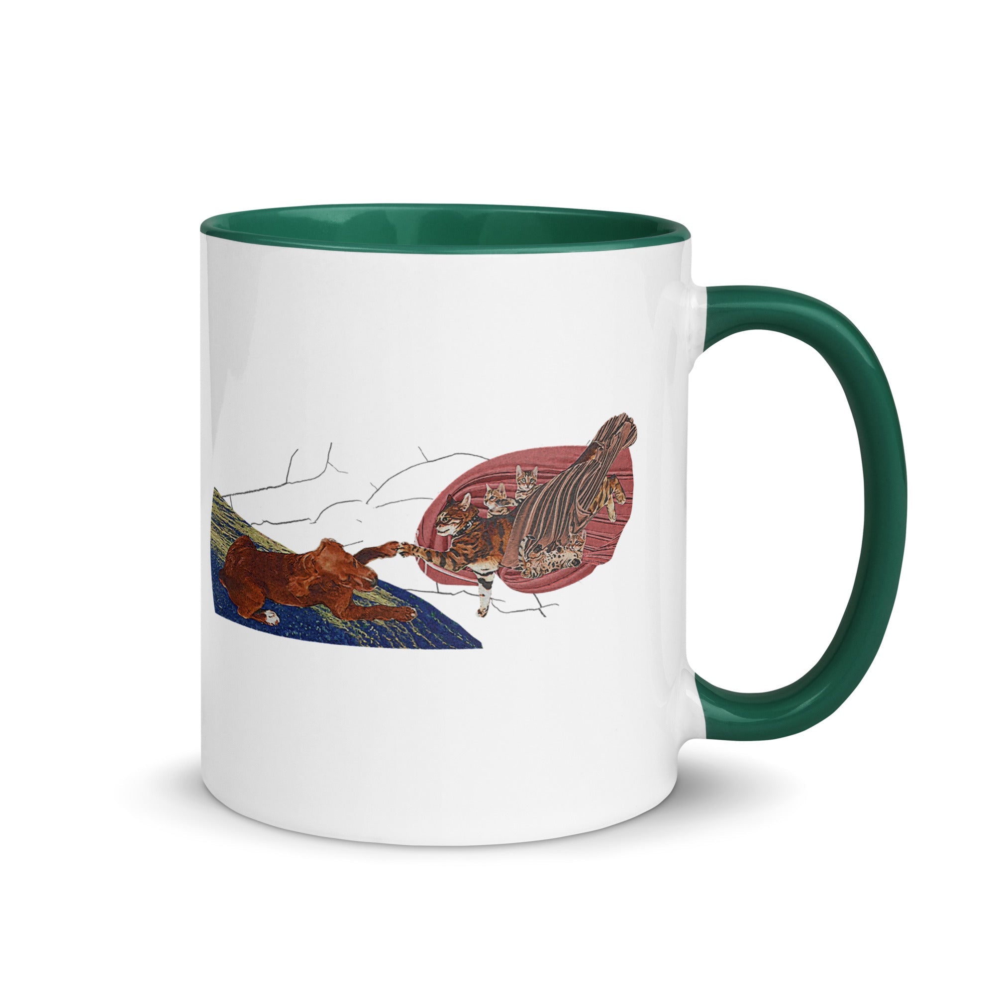 a white and green coffee mug with a picture of a horse and a hot air