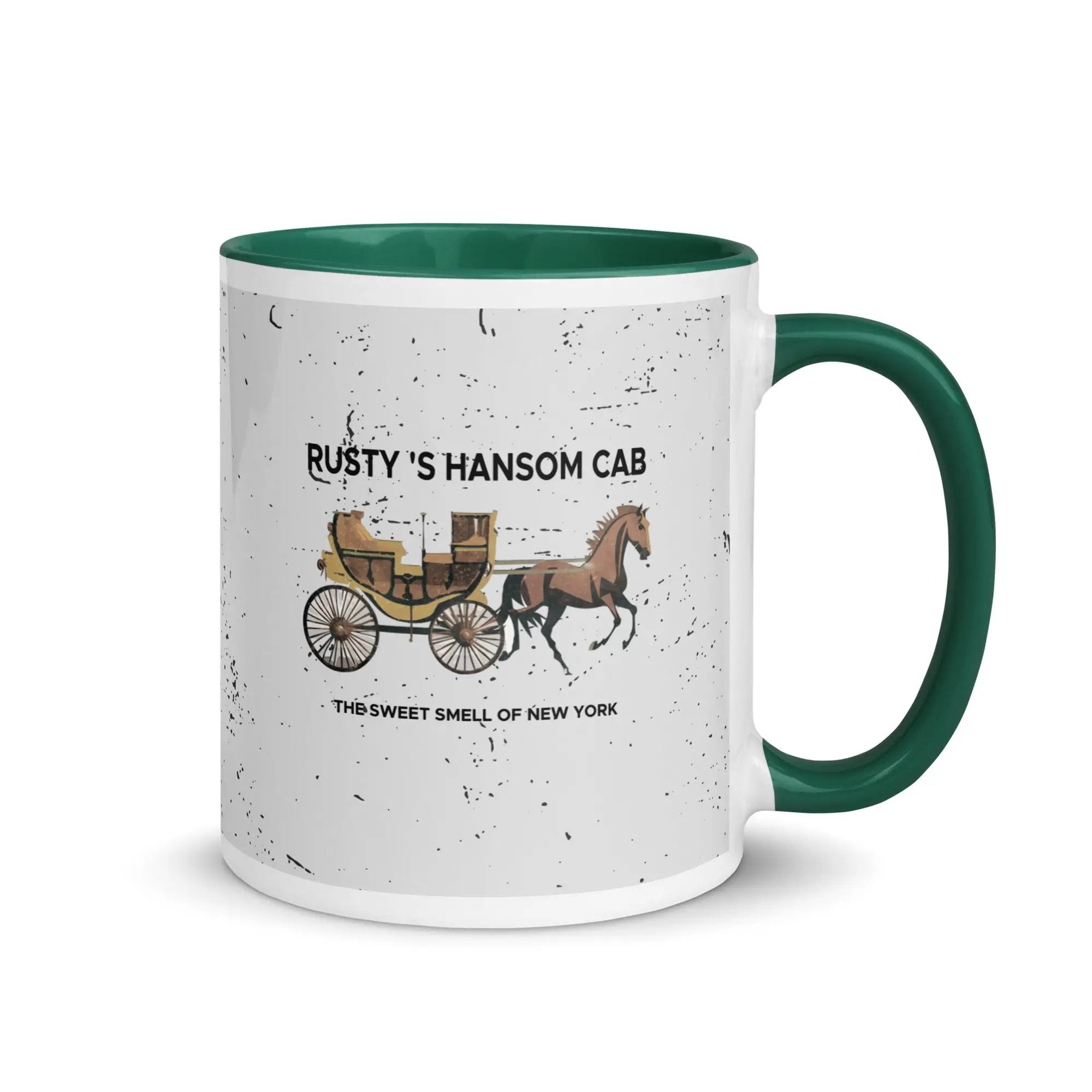 a green and white coffee mug with a horse drawn carriage