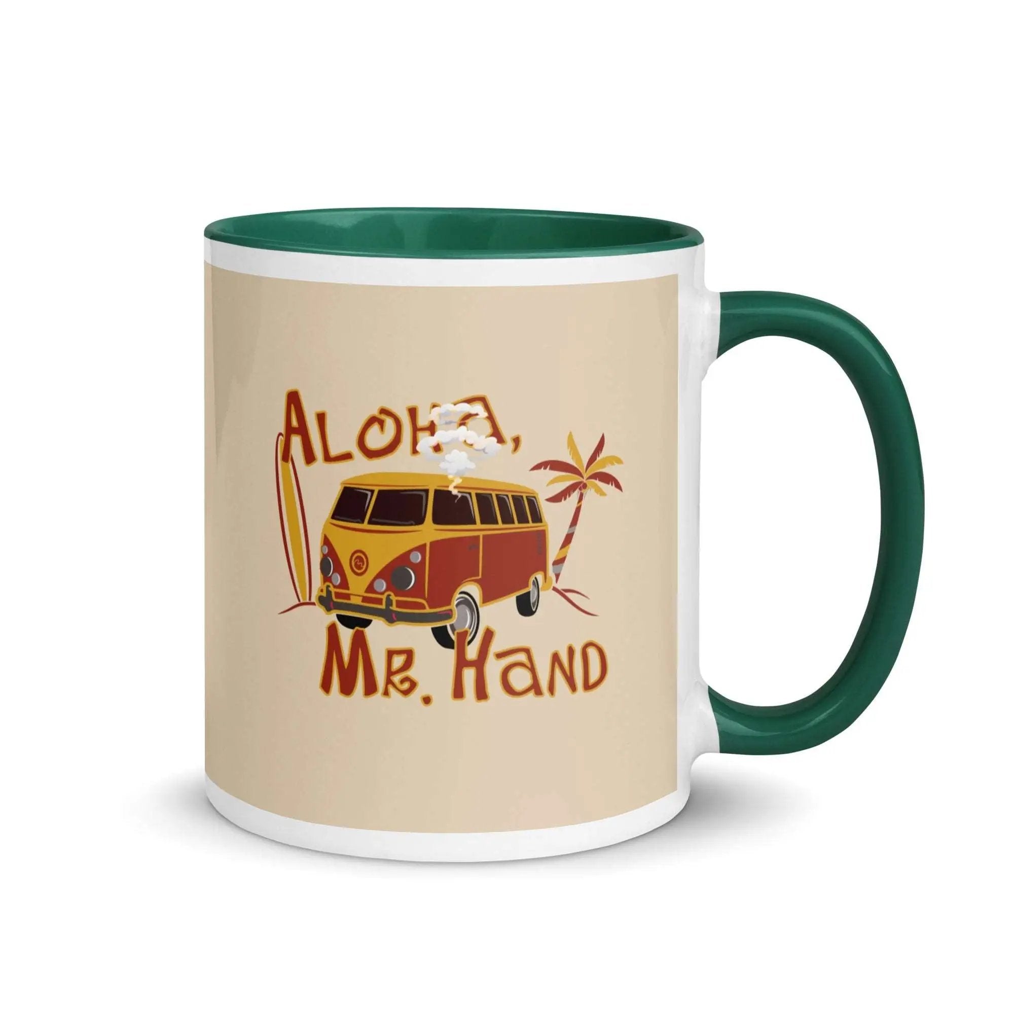 a coffee mug with the words aloh and a vw bus