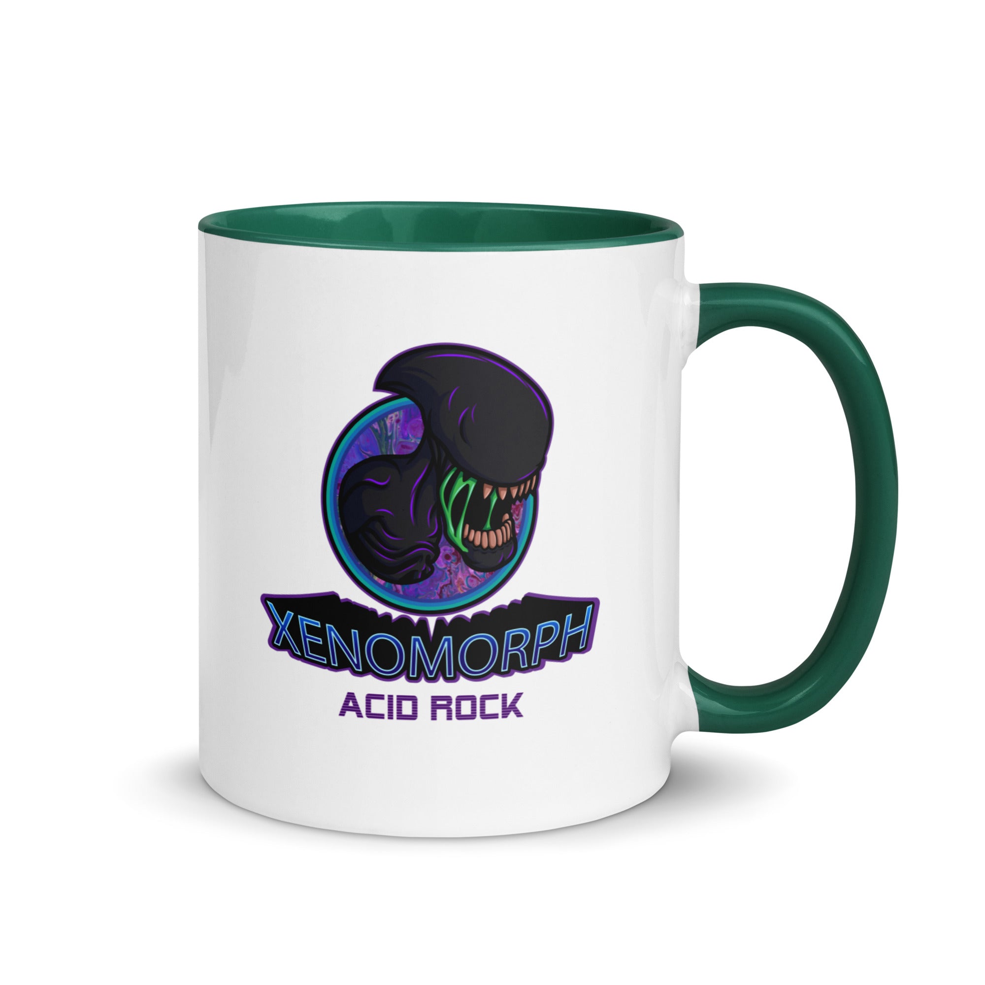 a white and green coffee mug with an image of a dinosaur