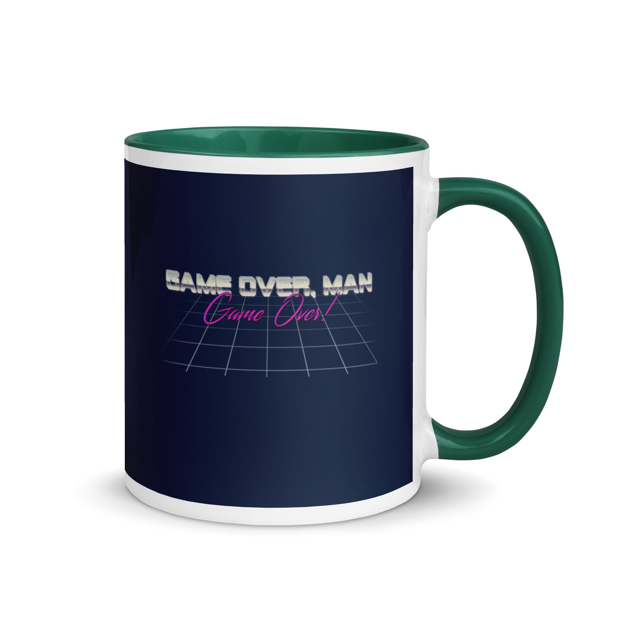 a green and white coffee mug with the words game over man on it