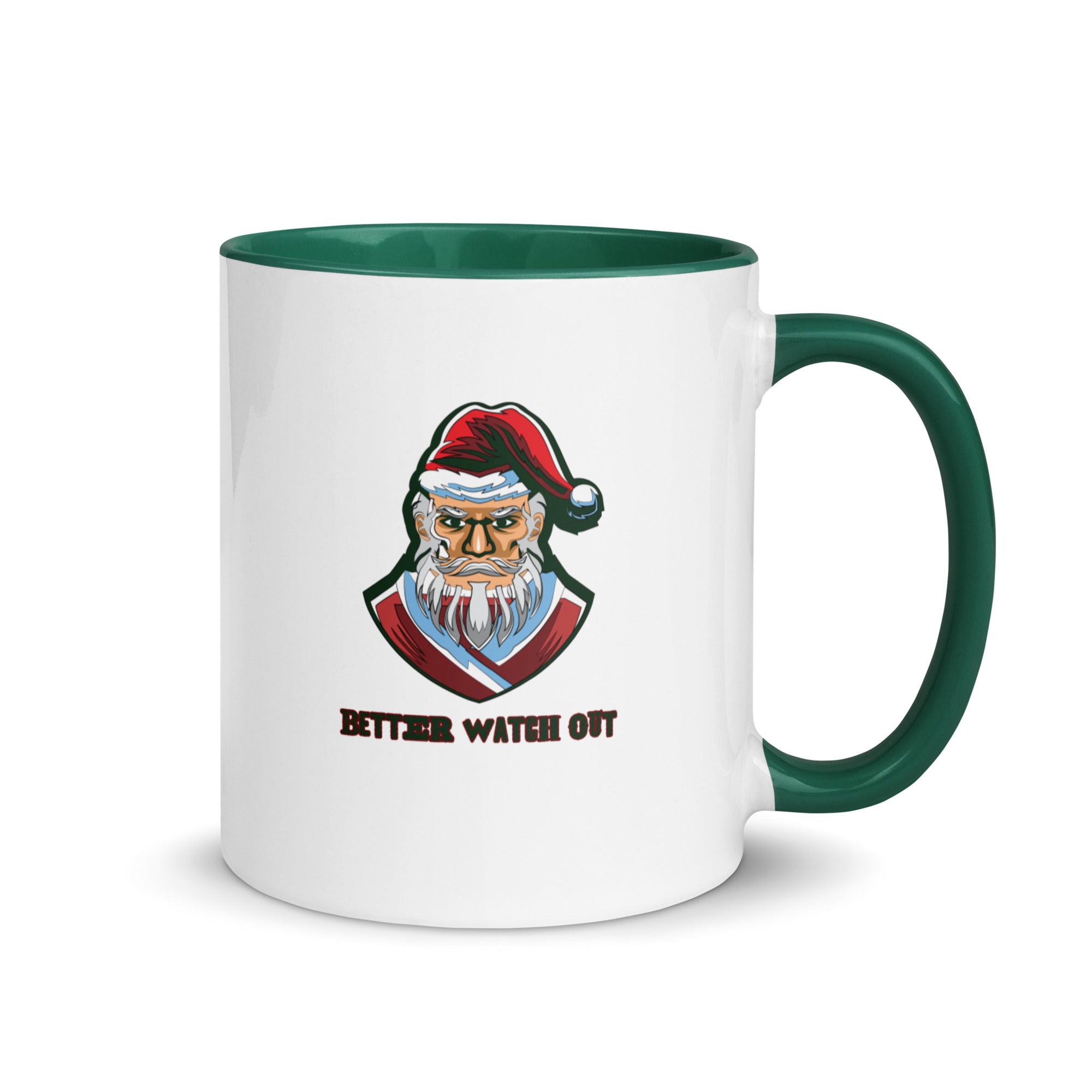 a white and green coffee mug with a santa clause on it