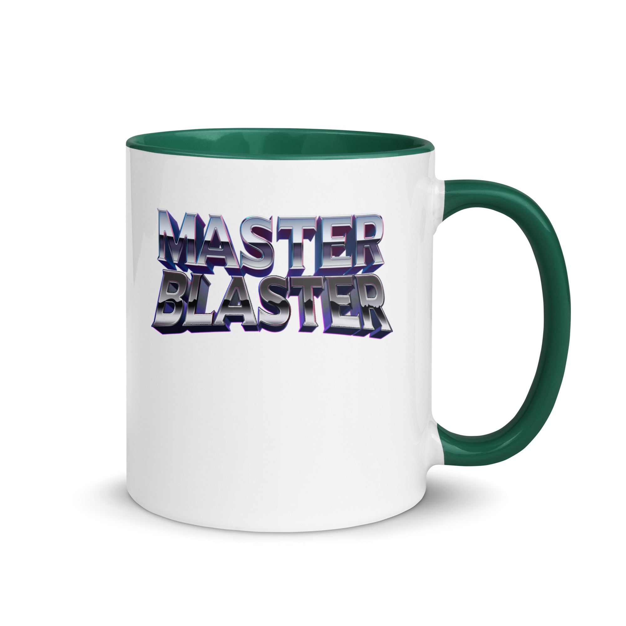 a white and green coffee mug with the words master blaster on it