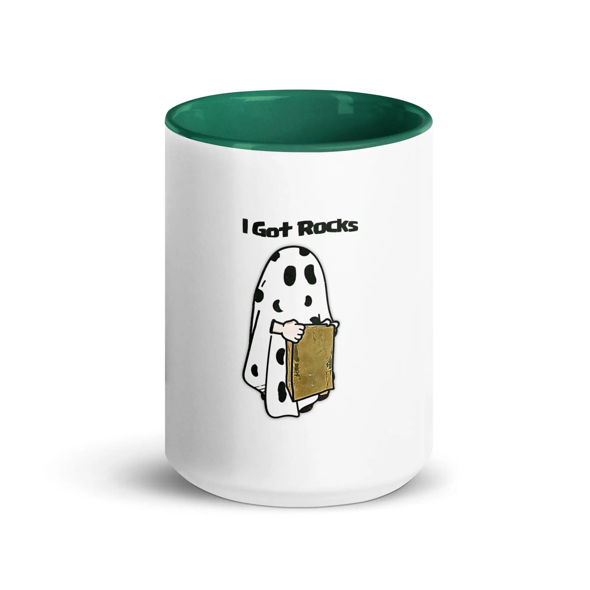 a white and green coffee mug with a ghost holding a piece of paper