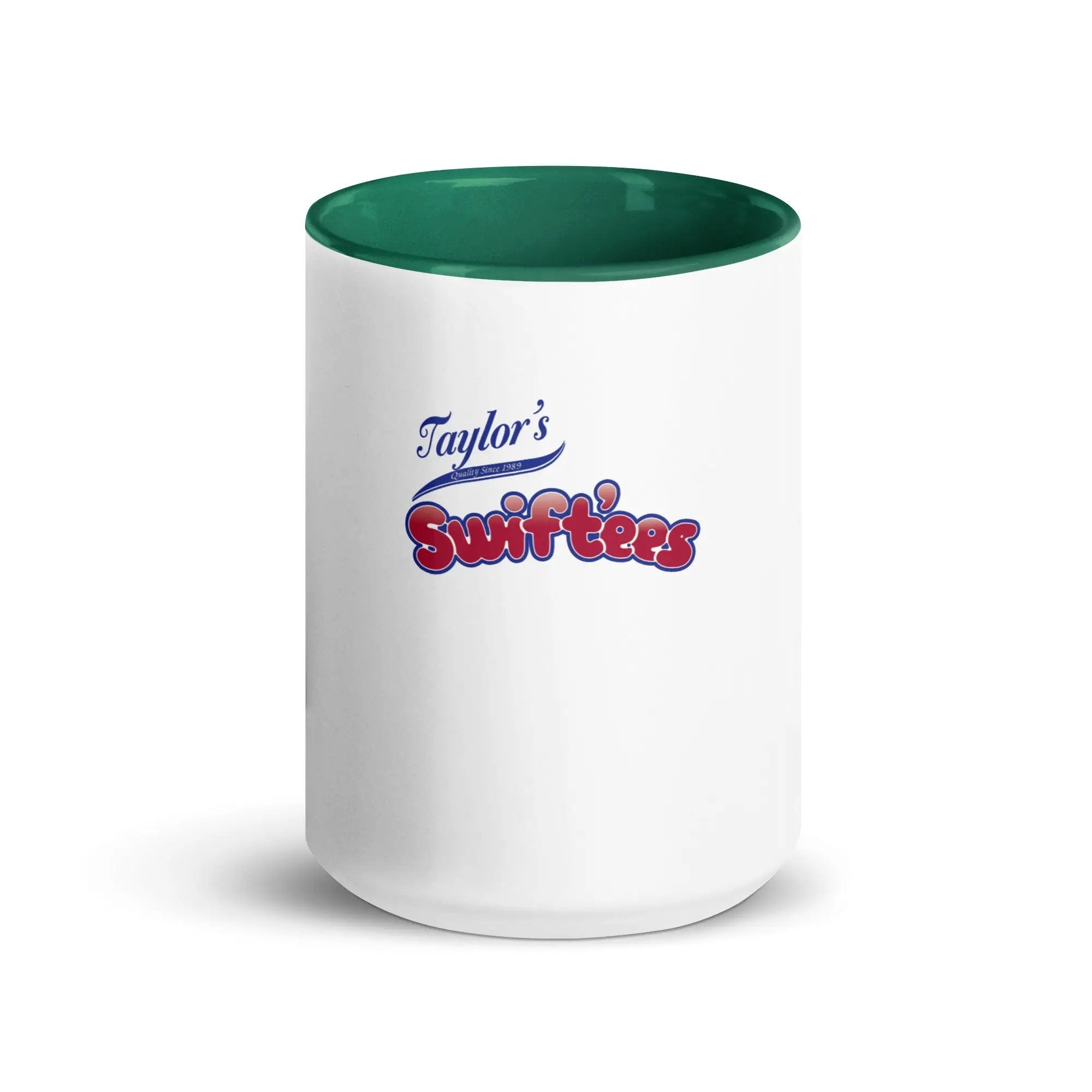 a white and green coffee mug with the name taylor's surf fries on it