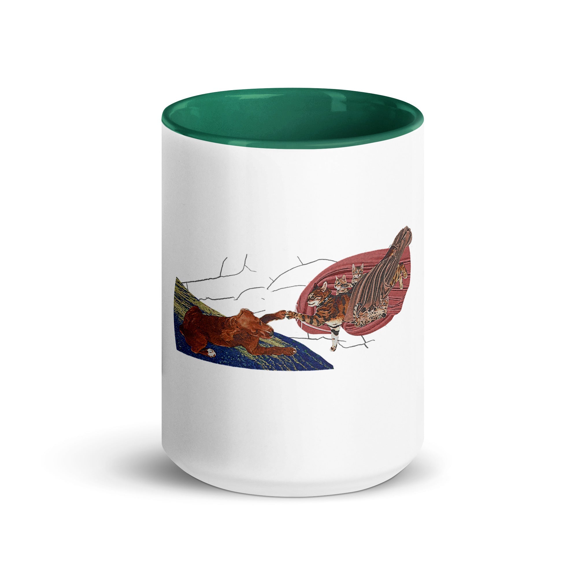 a white and green coffee mug with a picture of a butterfly on it