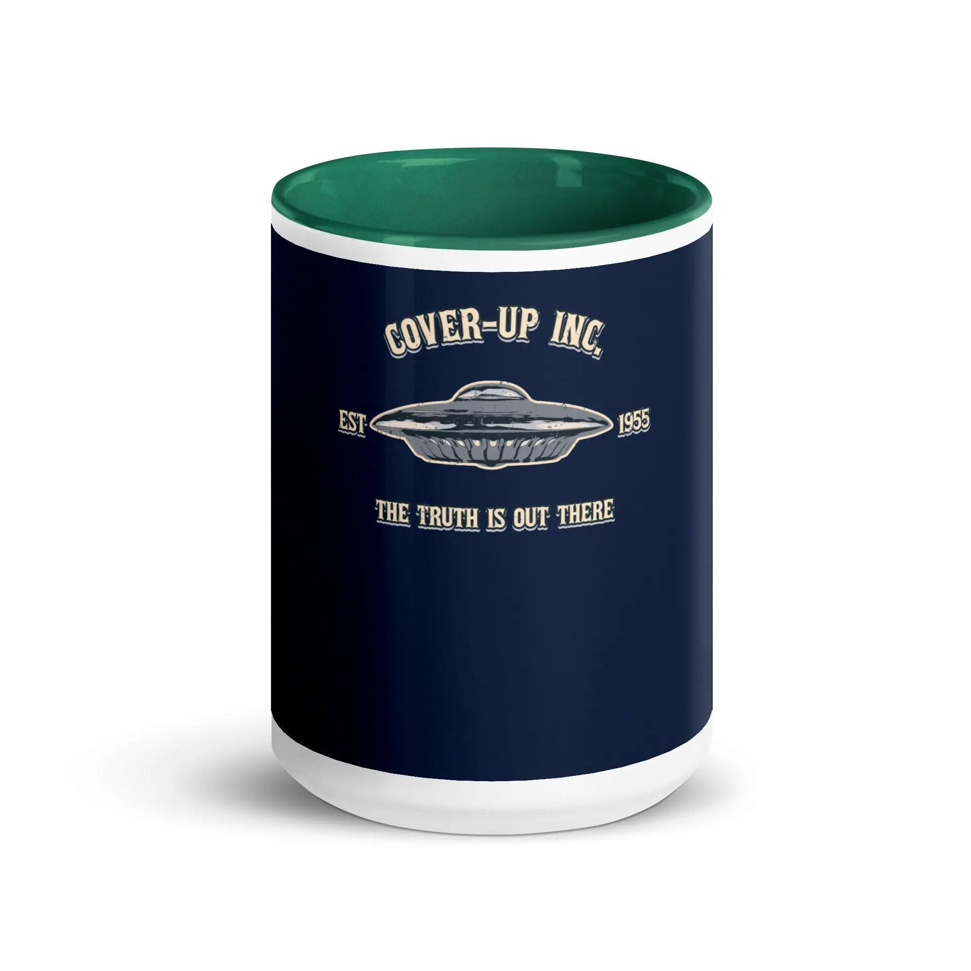 a blue and white coffee mug with the words cover - up inc on it