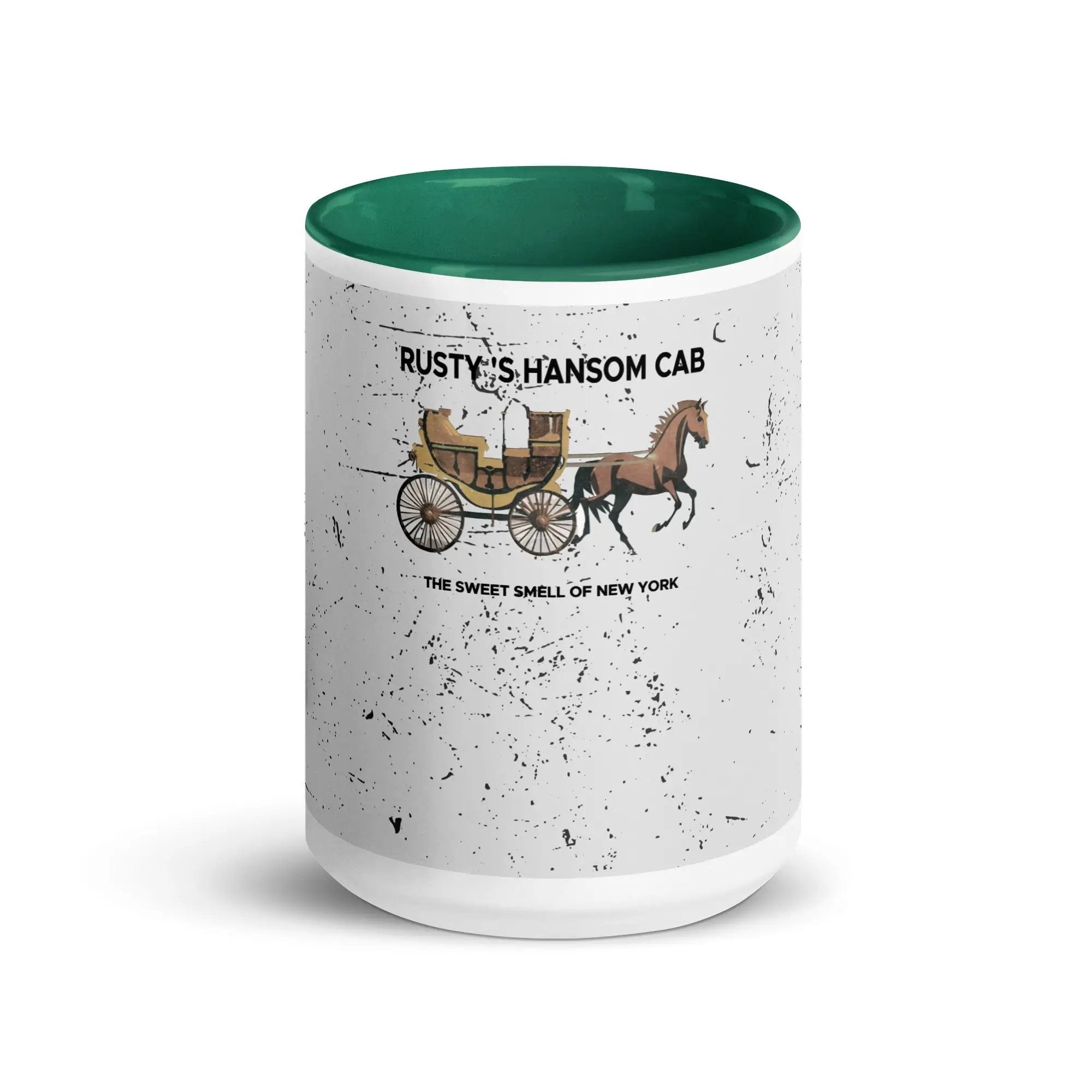 a green and white coffee mug with a horse drawn carriage