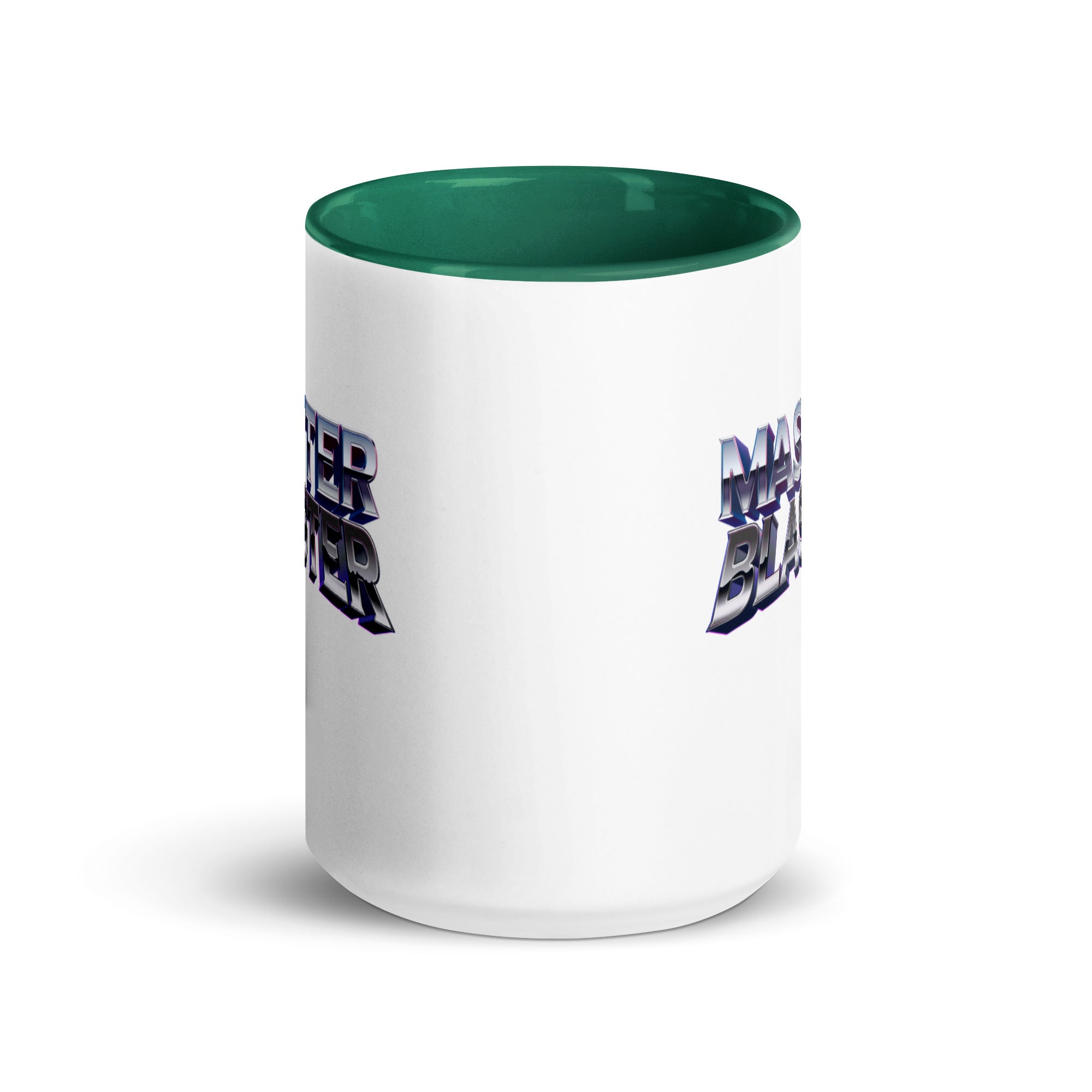 a white and green coffee mug with a logo on it