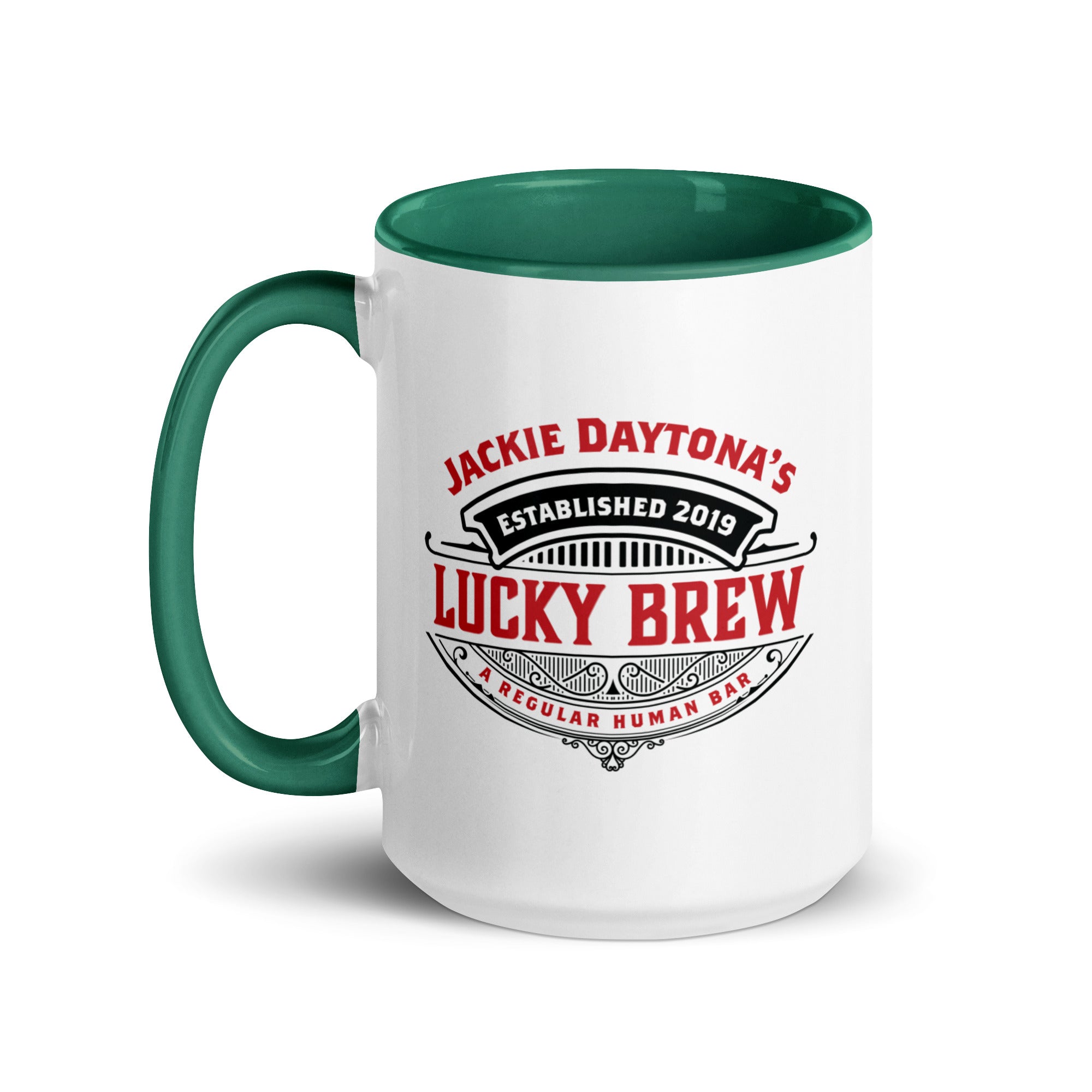 a white and green coffee mug with the words lucky brew on it