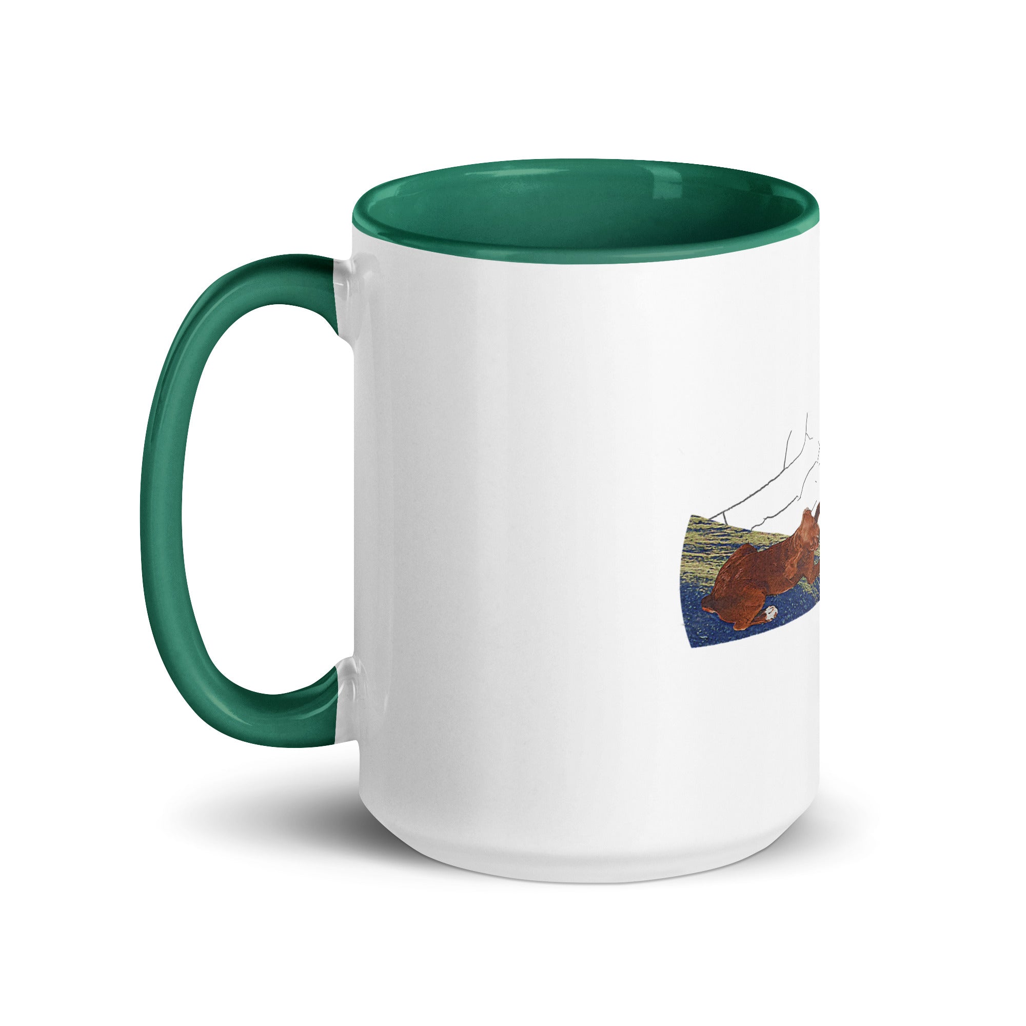 a white and green coffee mug with a picture of a horse