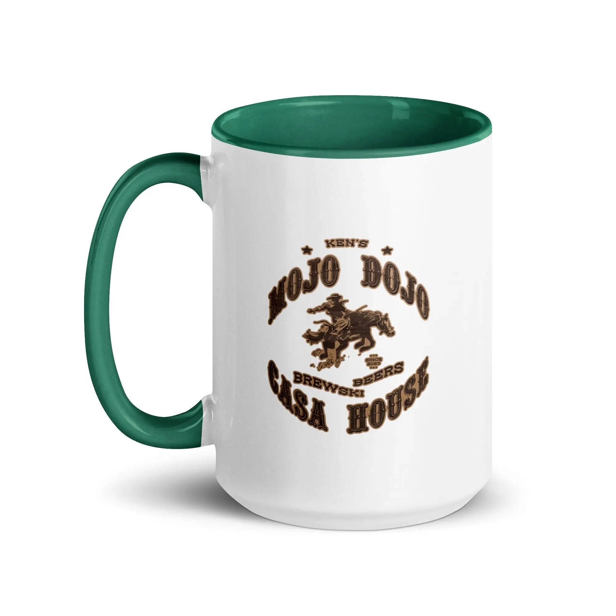 a white and green coffee mug with a horse on it
