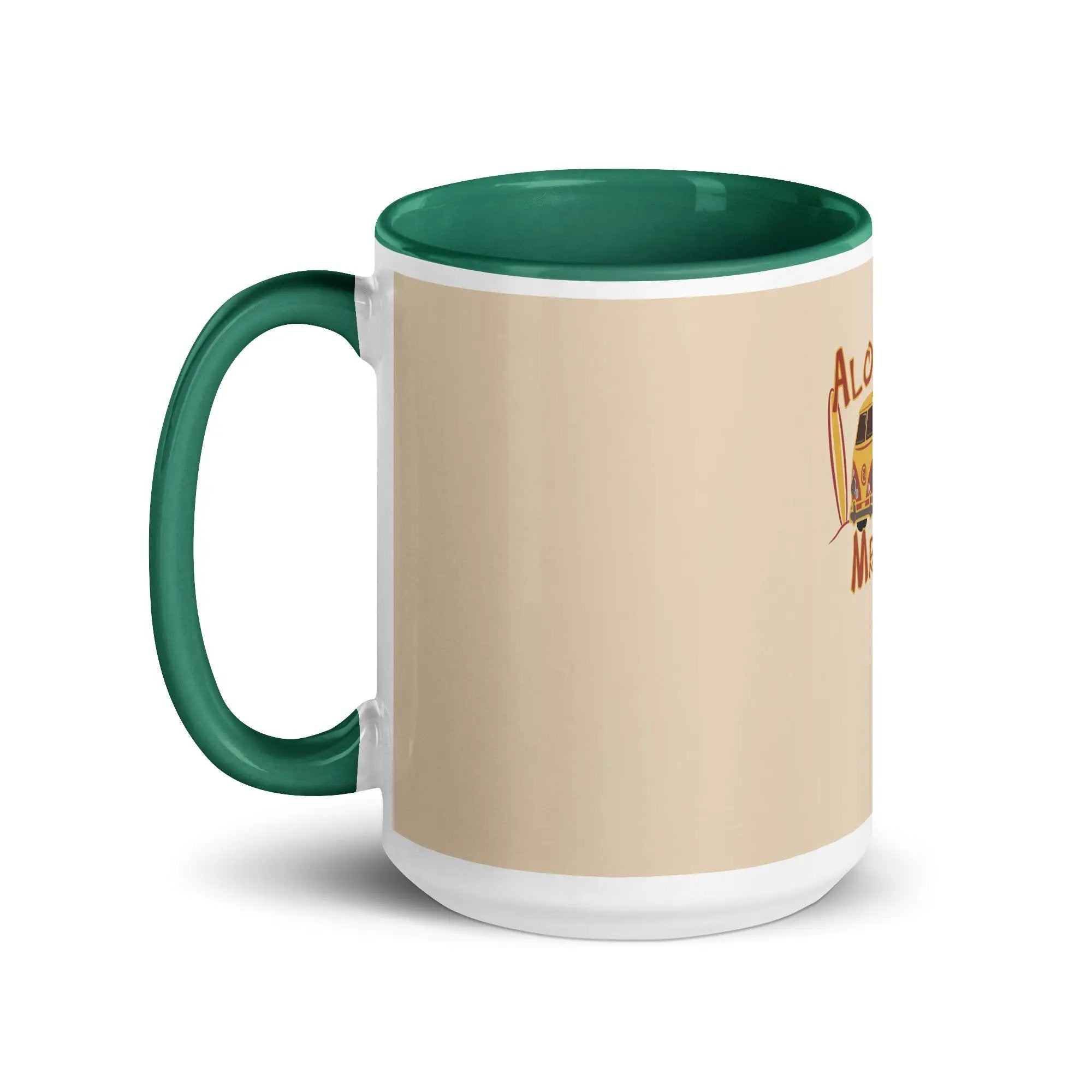 a green and white coffee mug with a picture of a bird on it