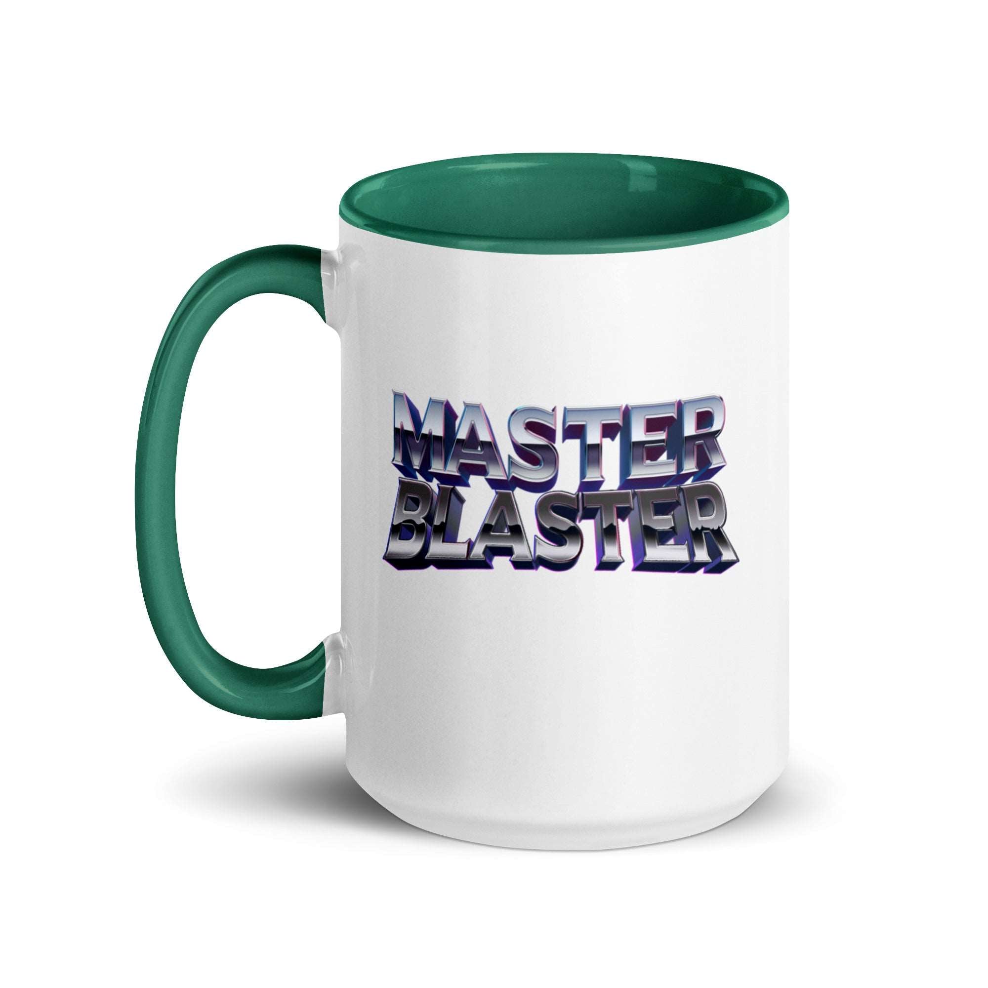 a green and white coffee mug with the words master blaster on it